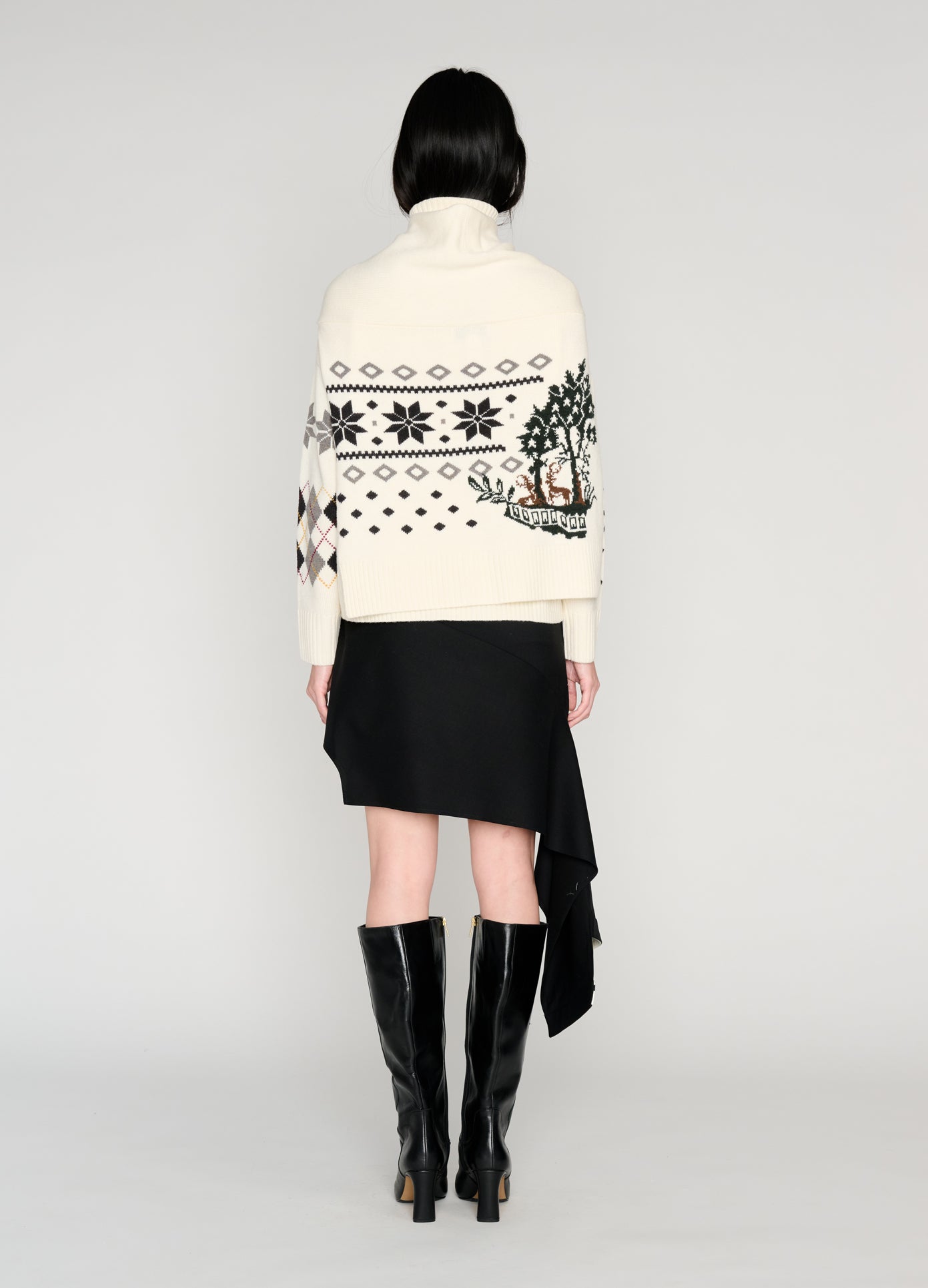 MONSE Fair Isle Roll Neck With Scarf in ivory on model full back view