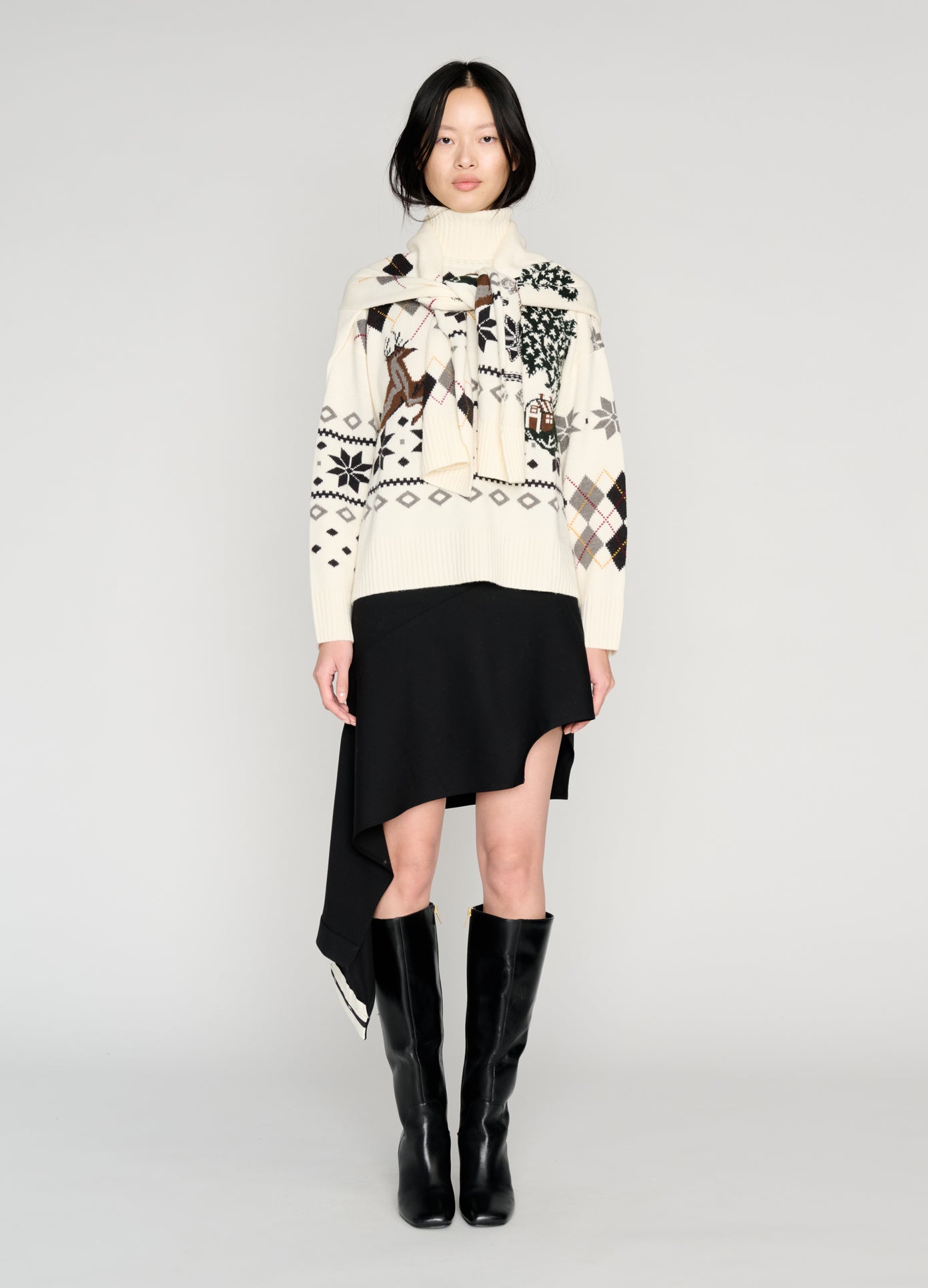 MONSE Fair Isle Roll Neck With Scarf in ivory on model full front view