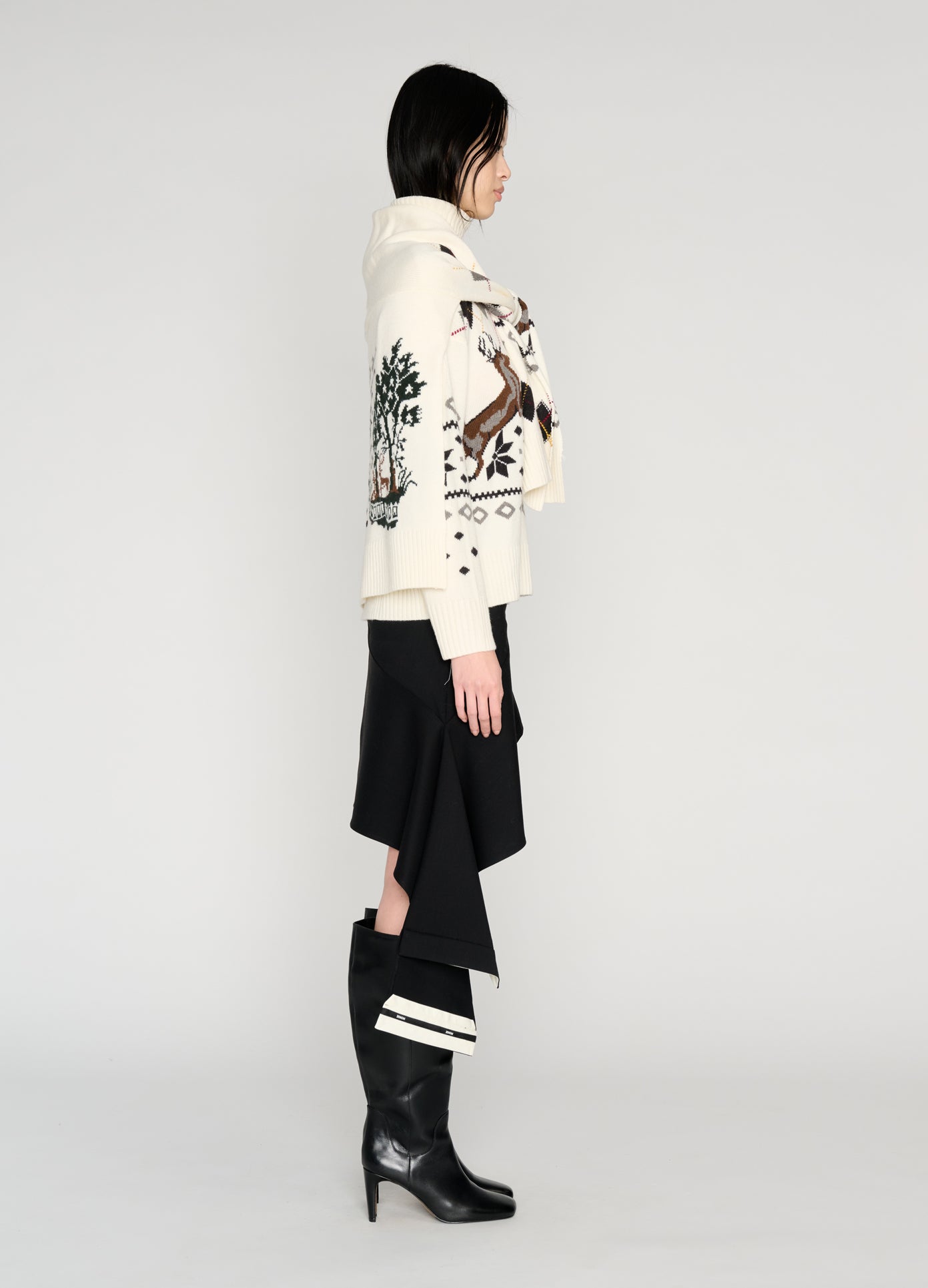 MONSE Fair Isle Roll Neck With Scarf in ivory on model full side view