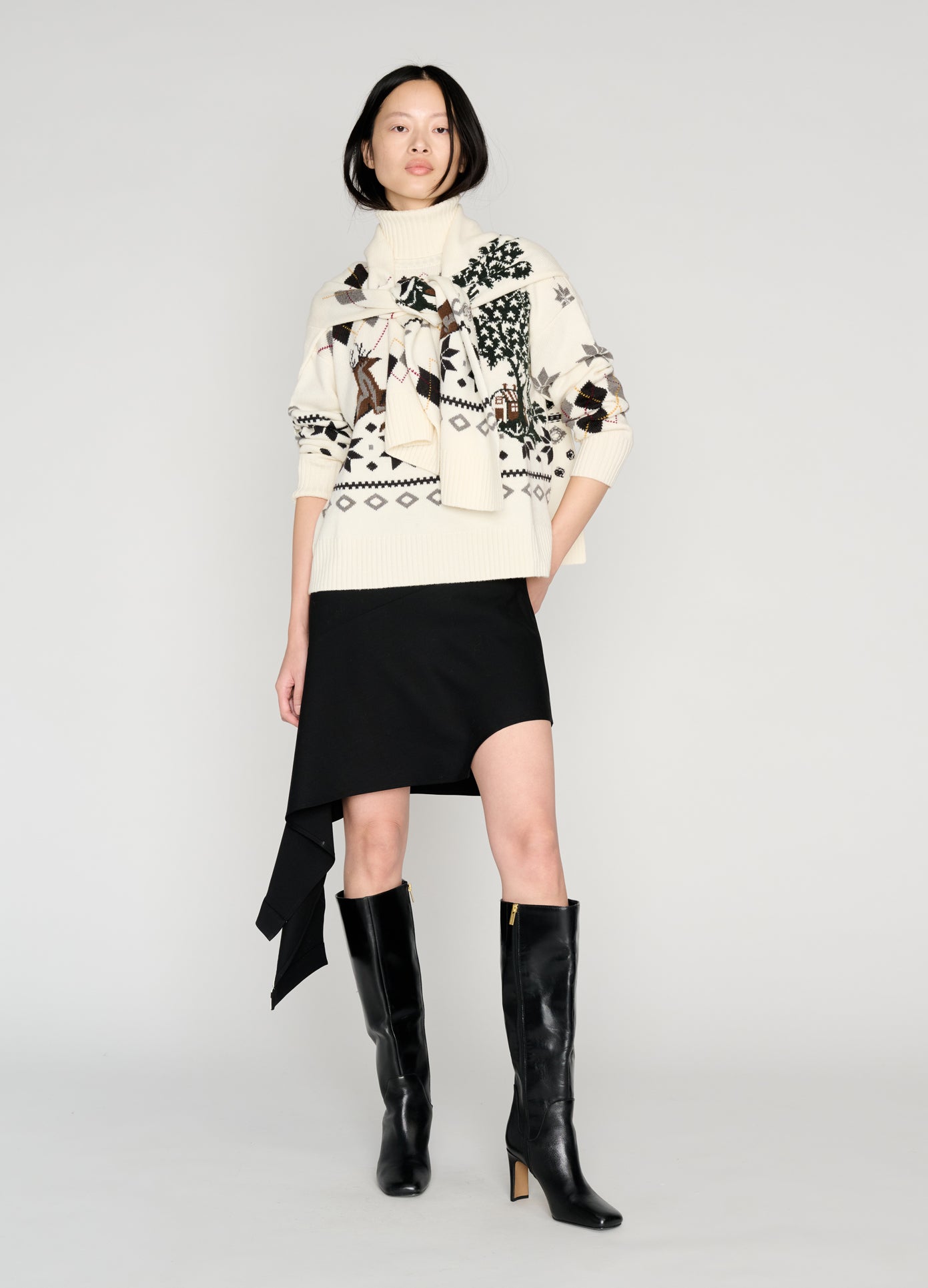 MONSE Fair Isle Roll Neck With Scarf in ivory on model style full front view
