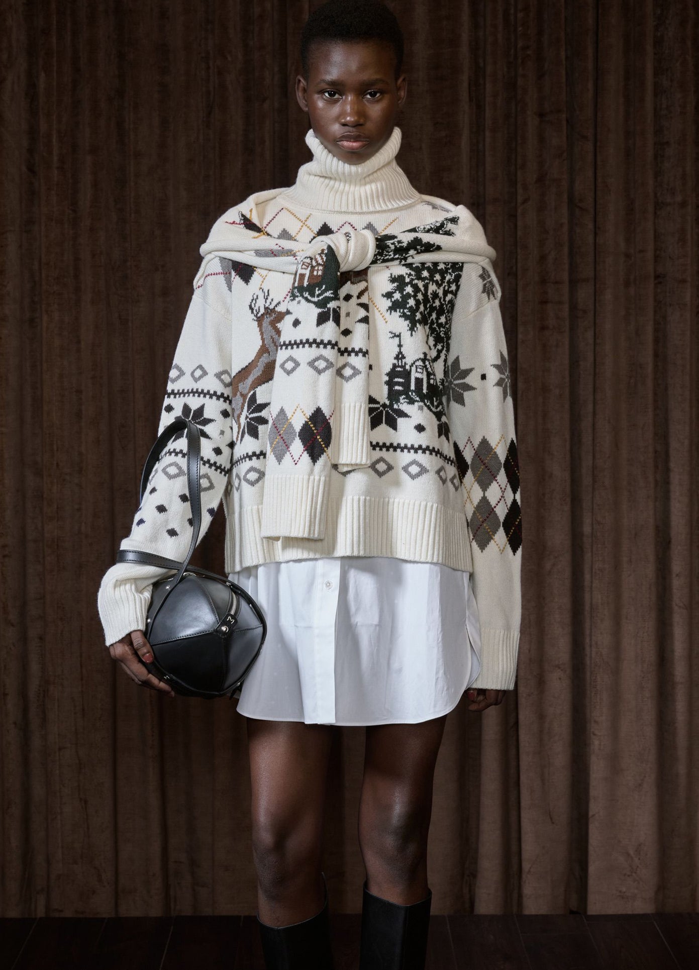 MONSE Fair Isle Roll Neck With Scarf in ivory on runway model front view