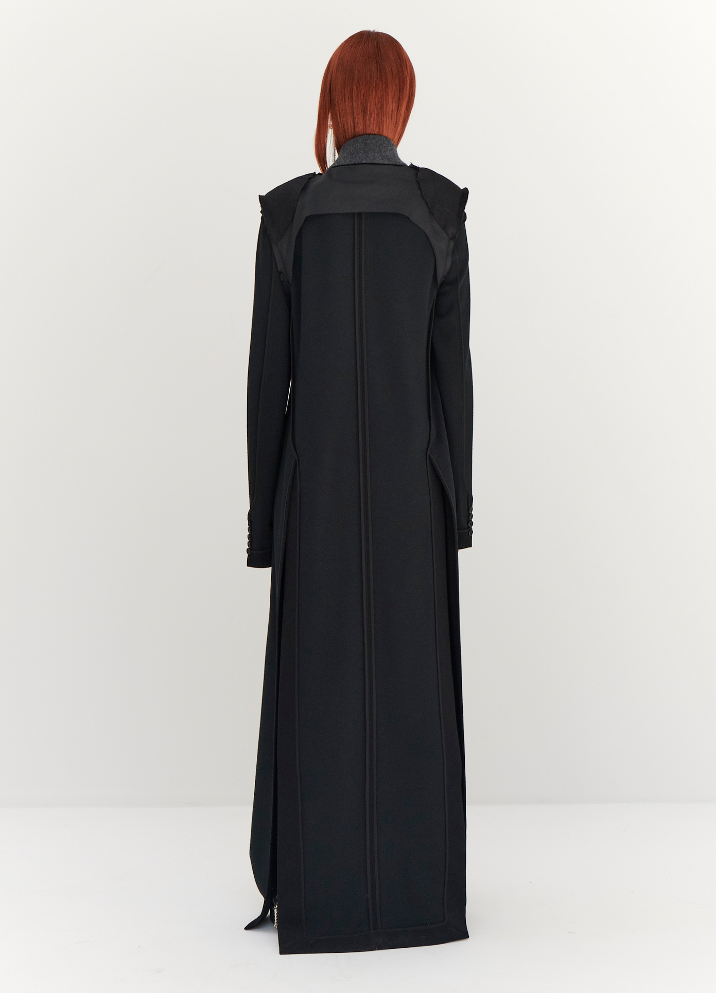 MONSE Floor Length Reversed Coat in Black on model full back view