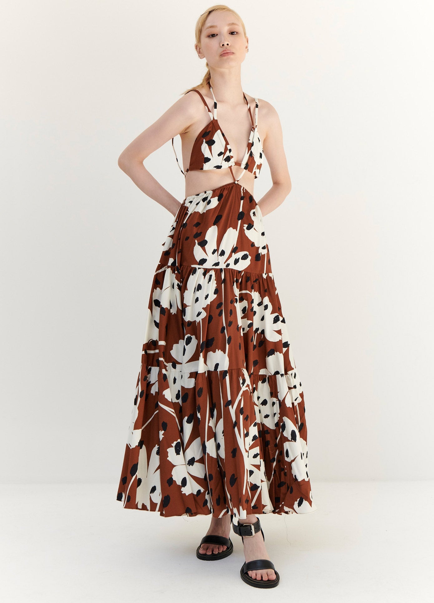 MONSE Floral Print Bra Detail Maxi Dress in Brown Multi on Model With Arms Behind Her Back Full Front View