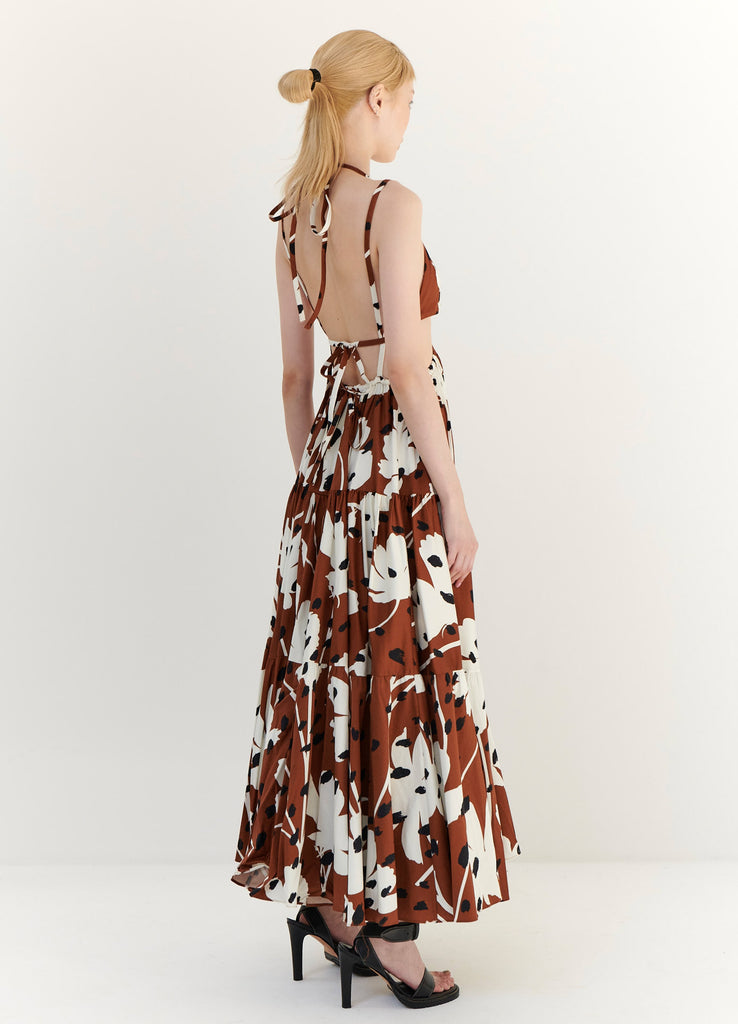 Floral Print Bra Detail Maxi Dress in Brown Multi