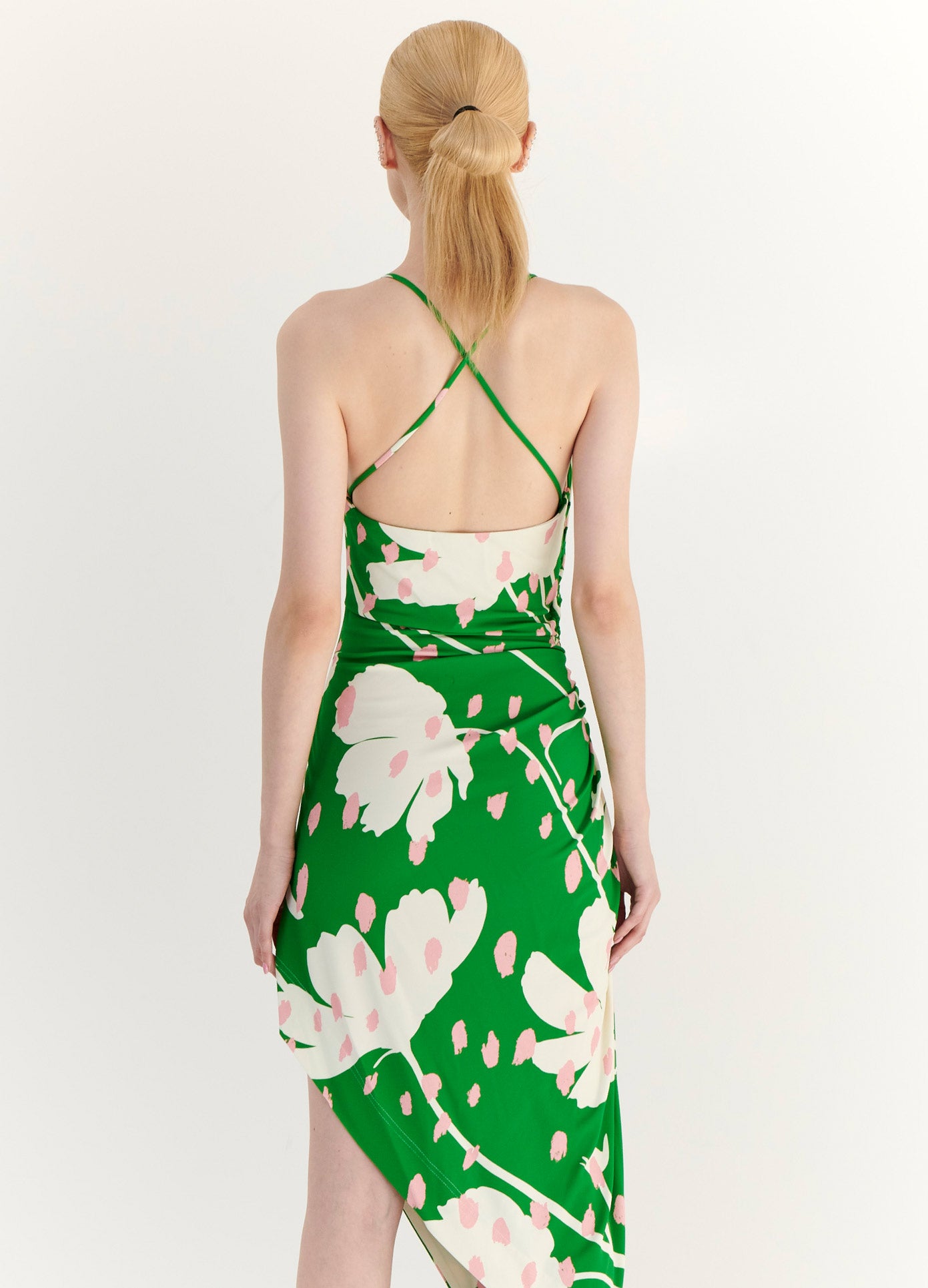 MONSE Floral Print Draped Slip Dress in Green Multi on Model Back View