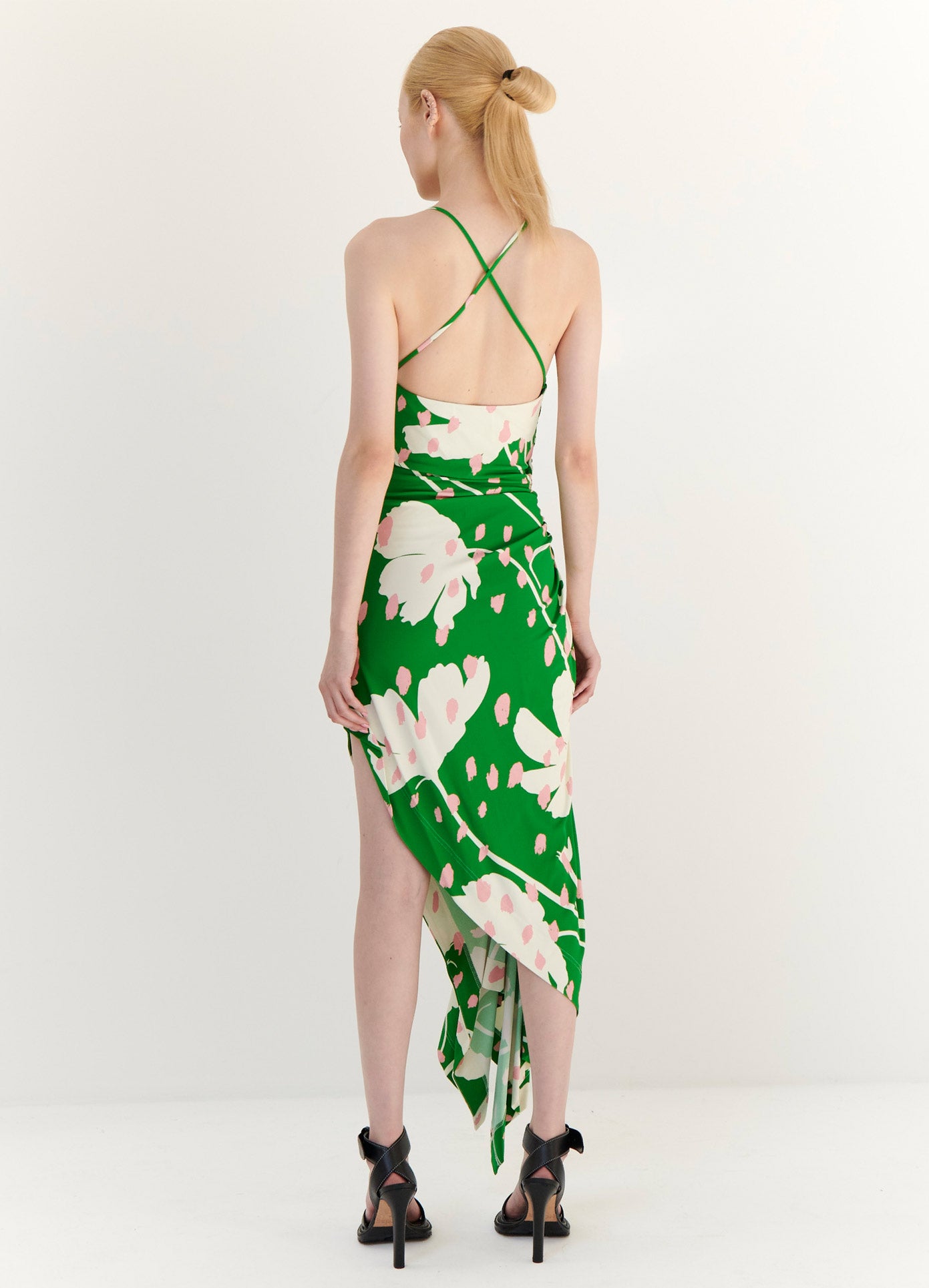 MONSE Floral Print Draped Slip Dress in Green Multi on Model Full Back View