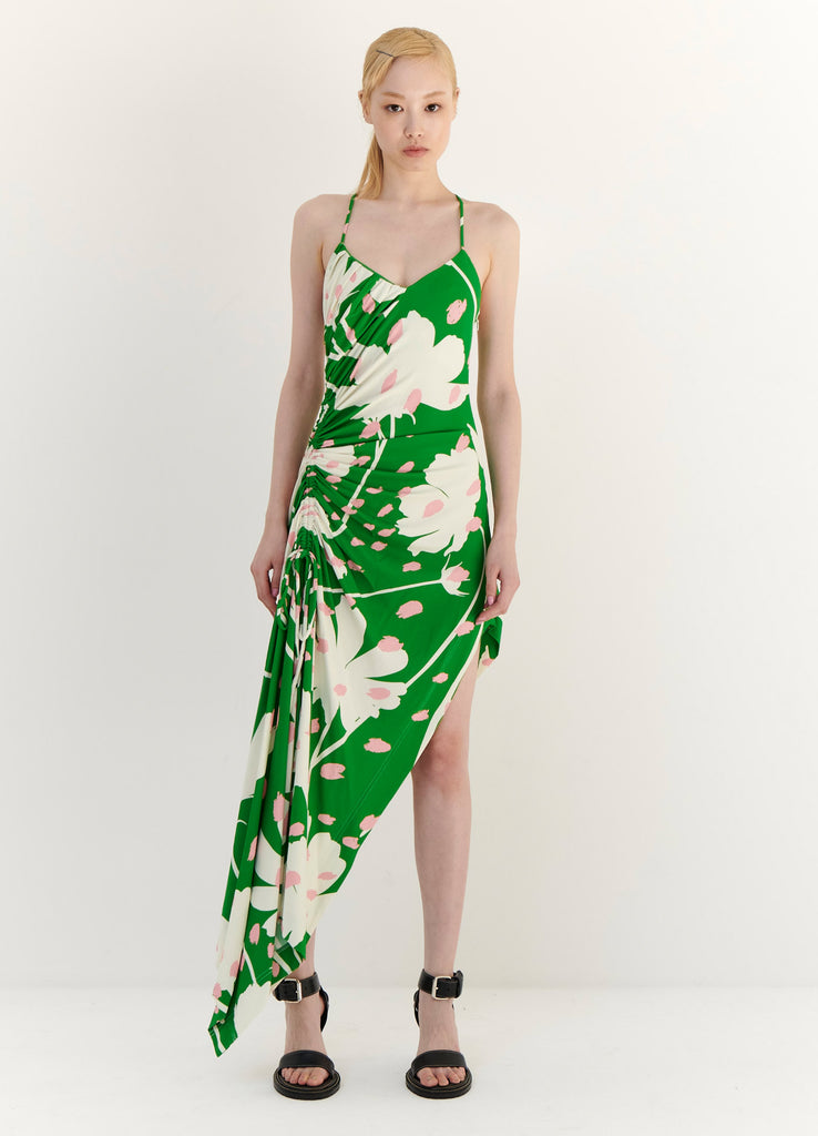 Floral Print Draped Slip Dress in Green Multi
