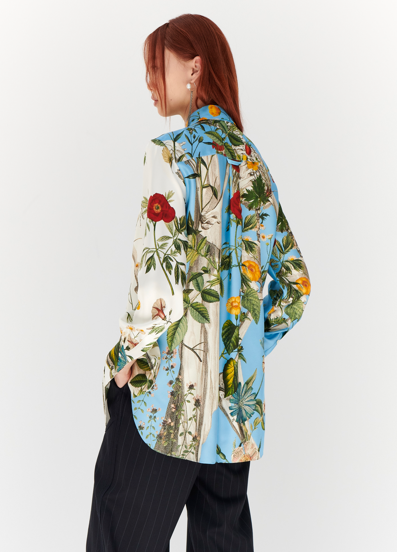 MONSE Floral Skeleton Combo Print Blouse in Blue and Ivory Multi on model back side view
