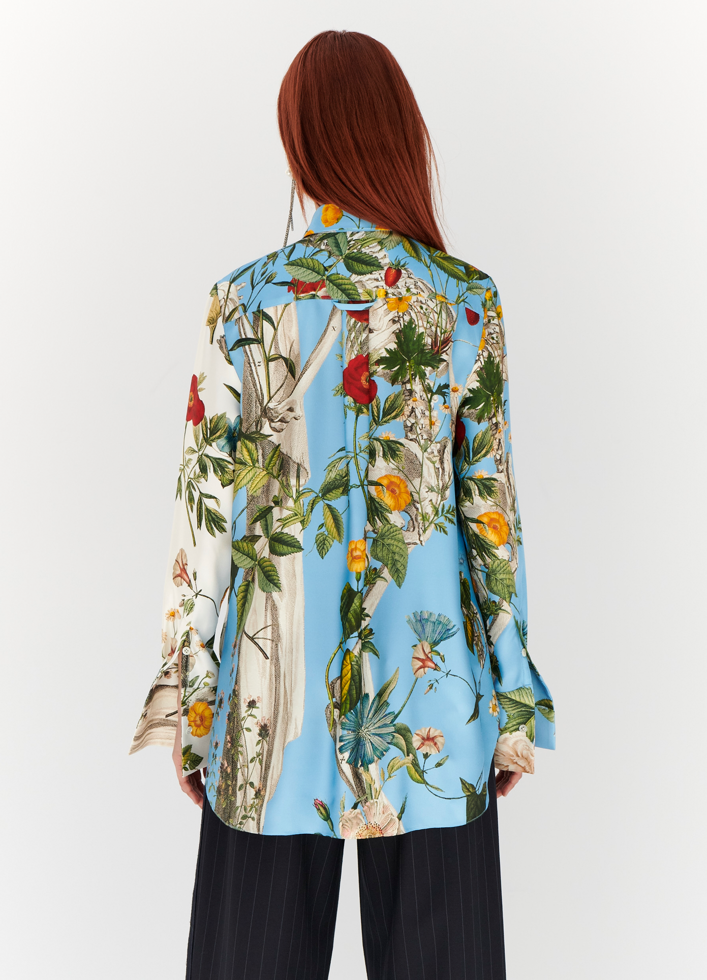 MONSE Floral Skeleton Combo Print Blouse in Blue and Ivory Multi on model back view