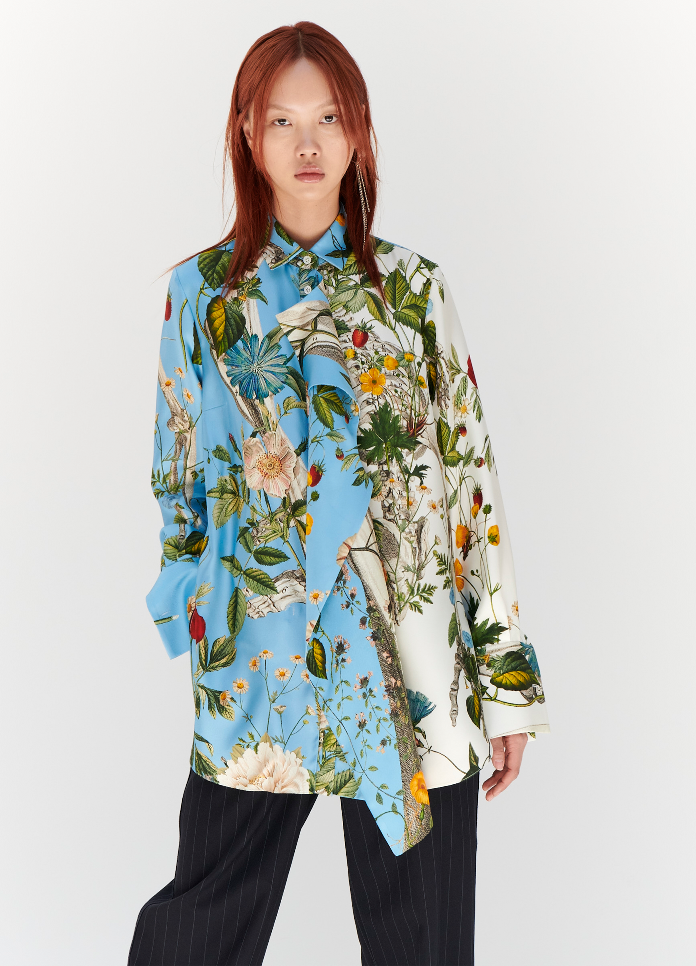 MONSE Floral Skeleton Combo Print Blouse in Blue and Ivory Multi on model front view