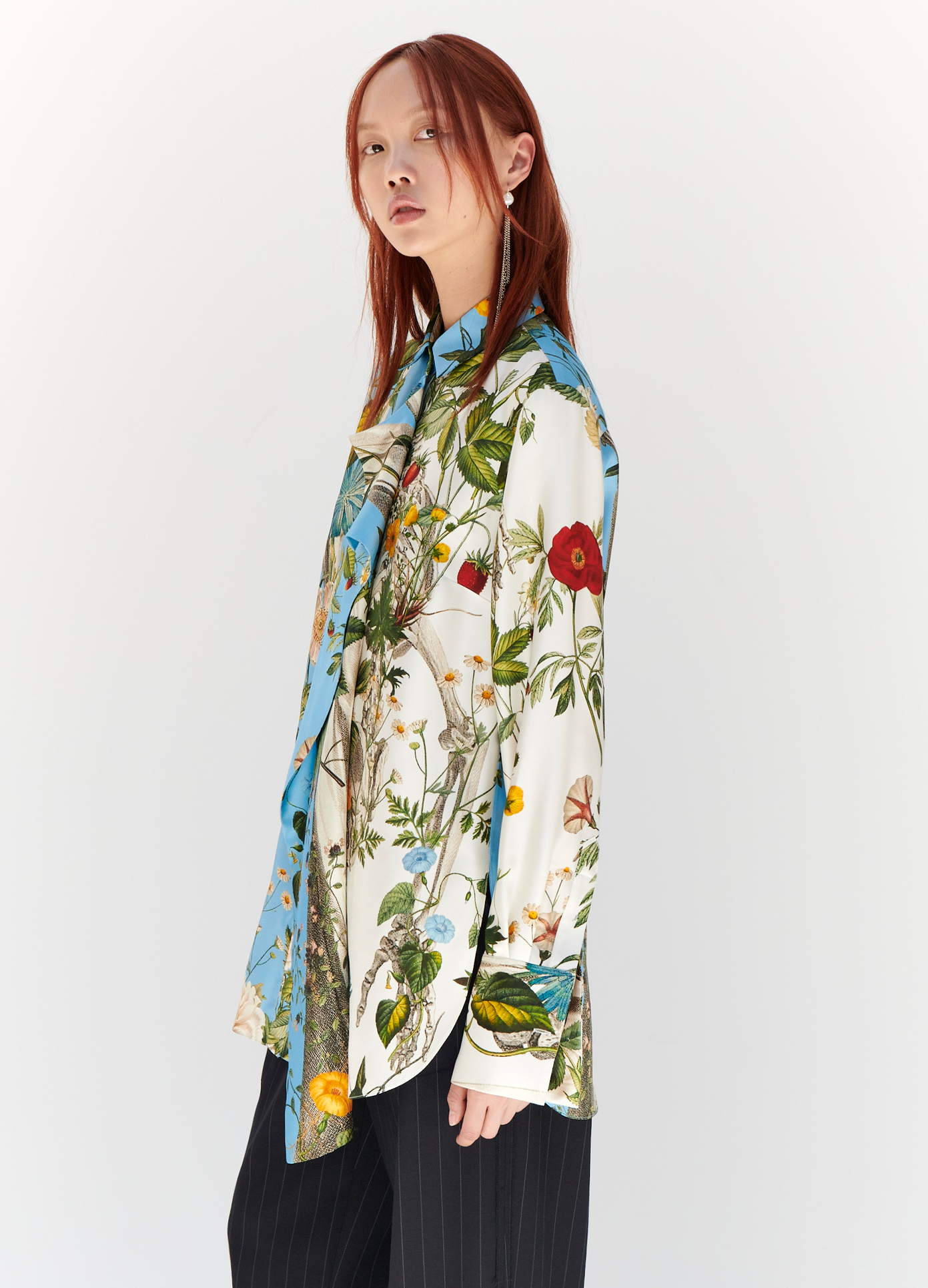 MONSE Floral Skeleton Combo Print Blouse in Blue and Ivory Multi on model side view