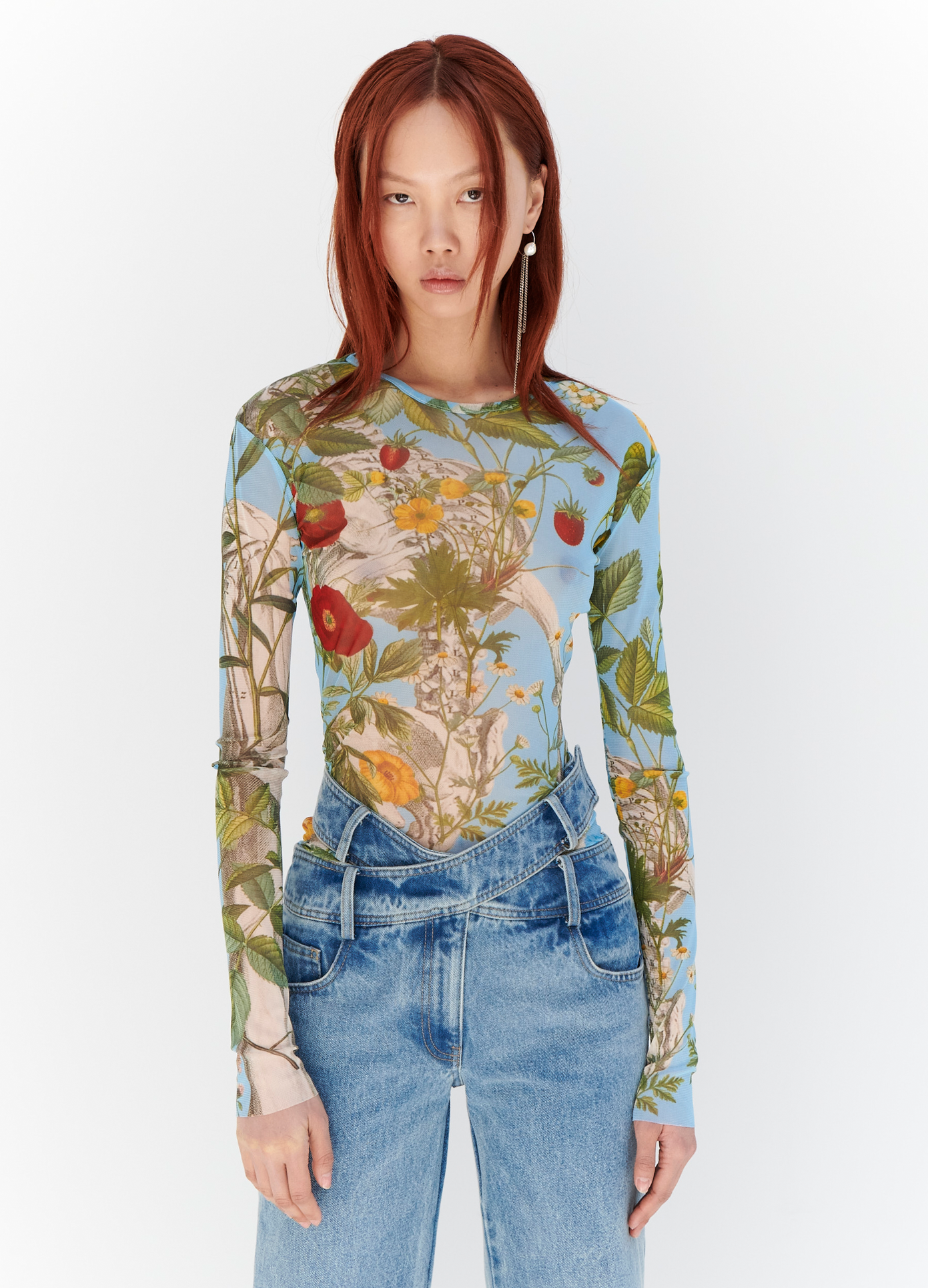 MONSE Floral Skeleton Print Mesh Top in Blue Multi on model front view