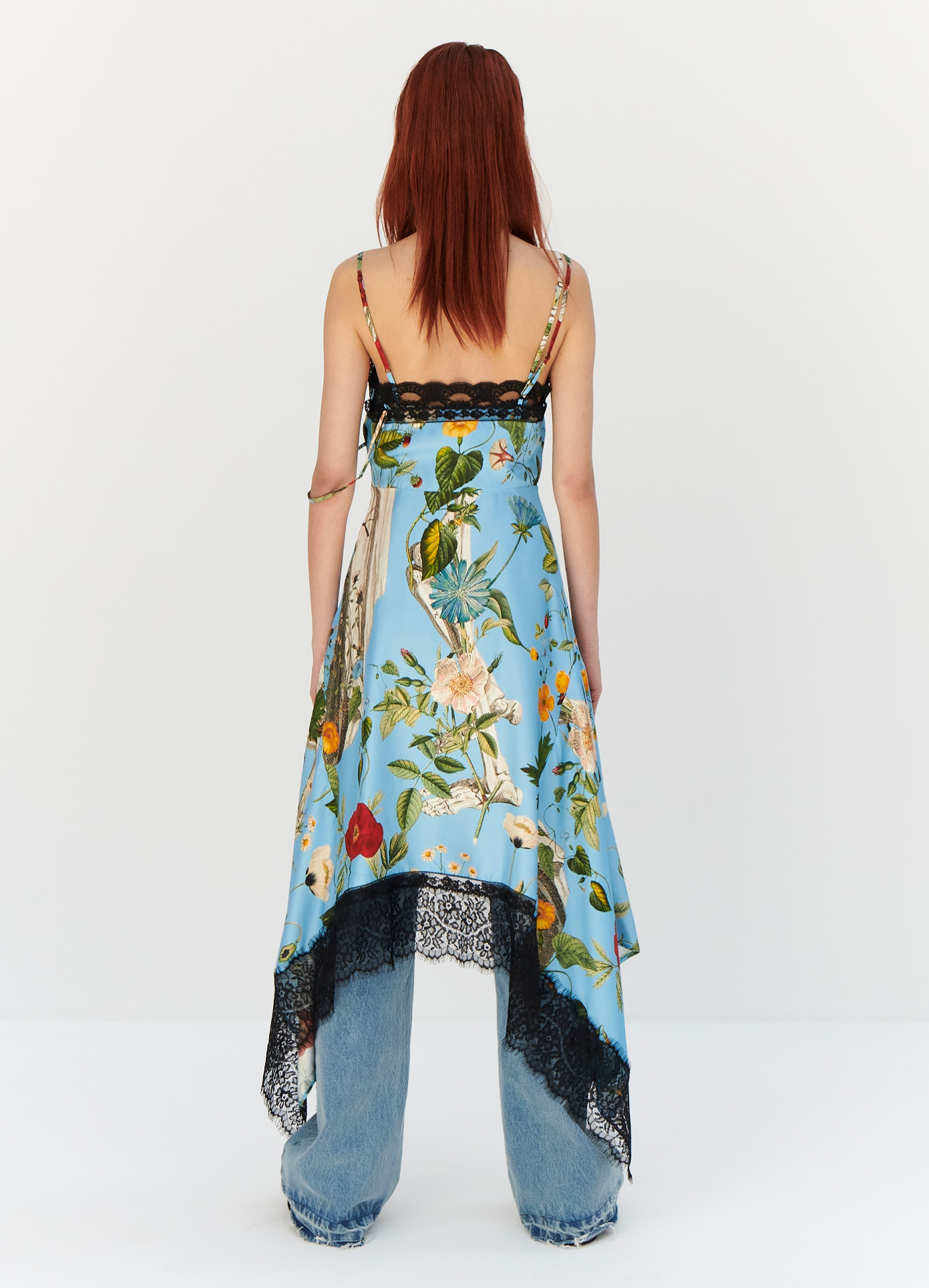 MONSE Floral Skeleton Print Slip Dress in Blue Multi on model full back view