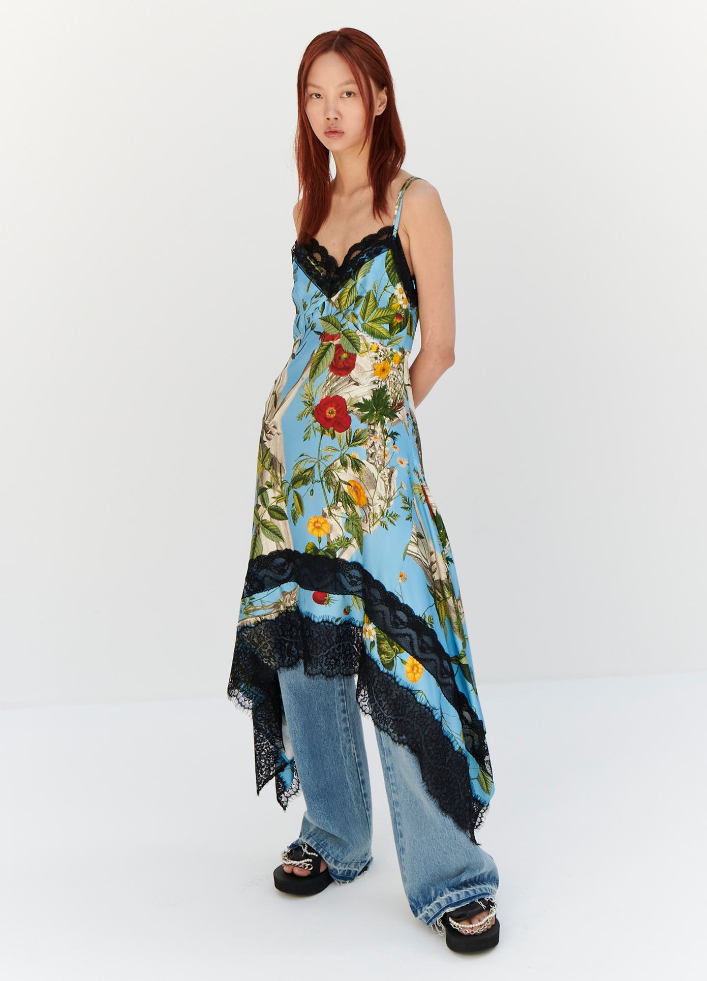 MONSE Floral Skeleton Print Slip Dress in Blue Multi on model full front view