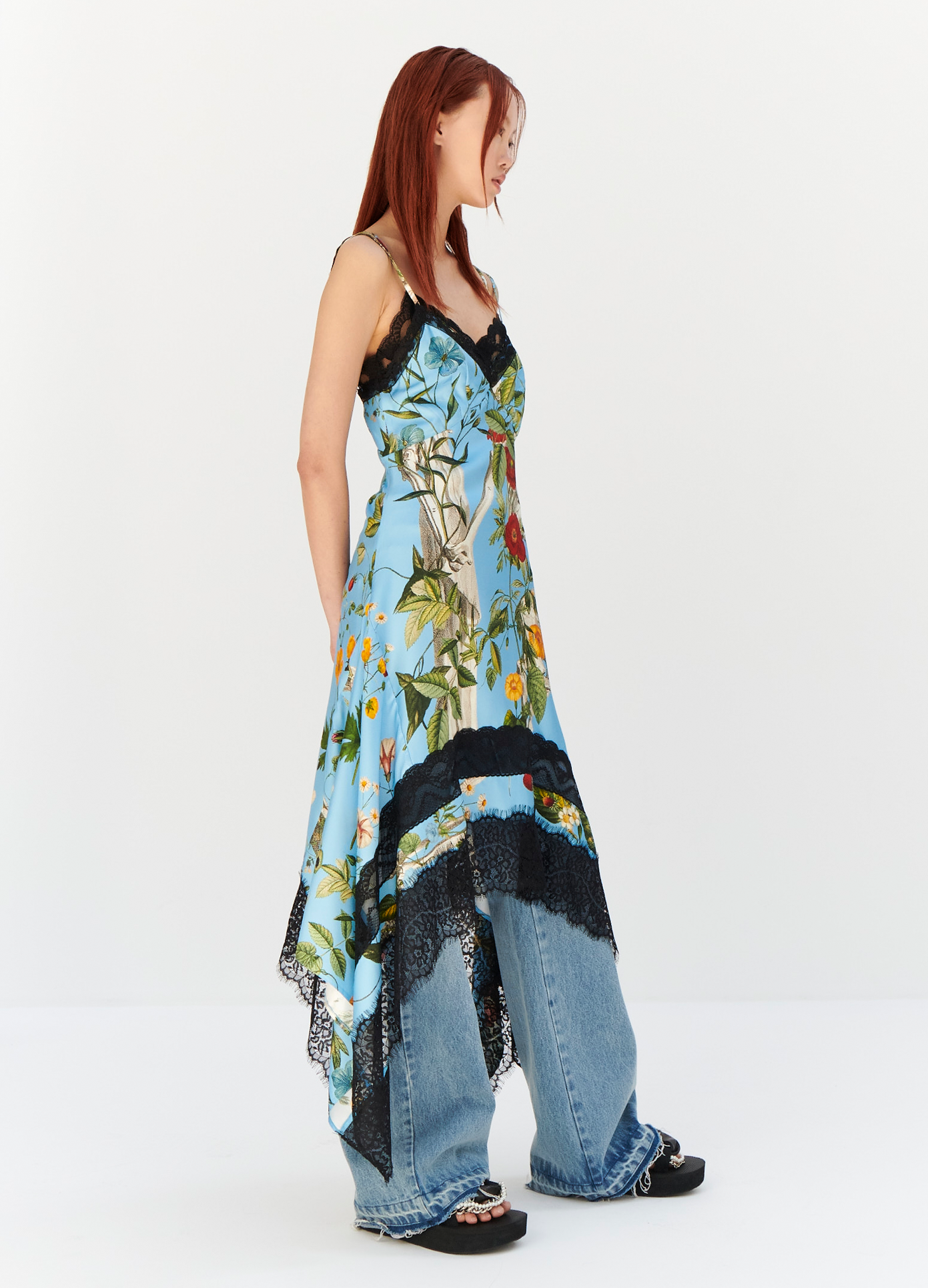MONSE Floral Skeleton Print Slip Dress in Blue Multi on model full side view