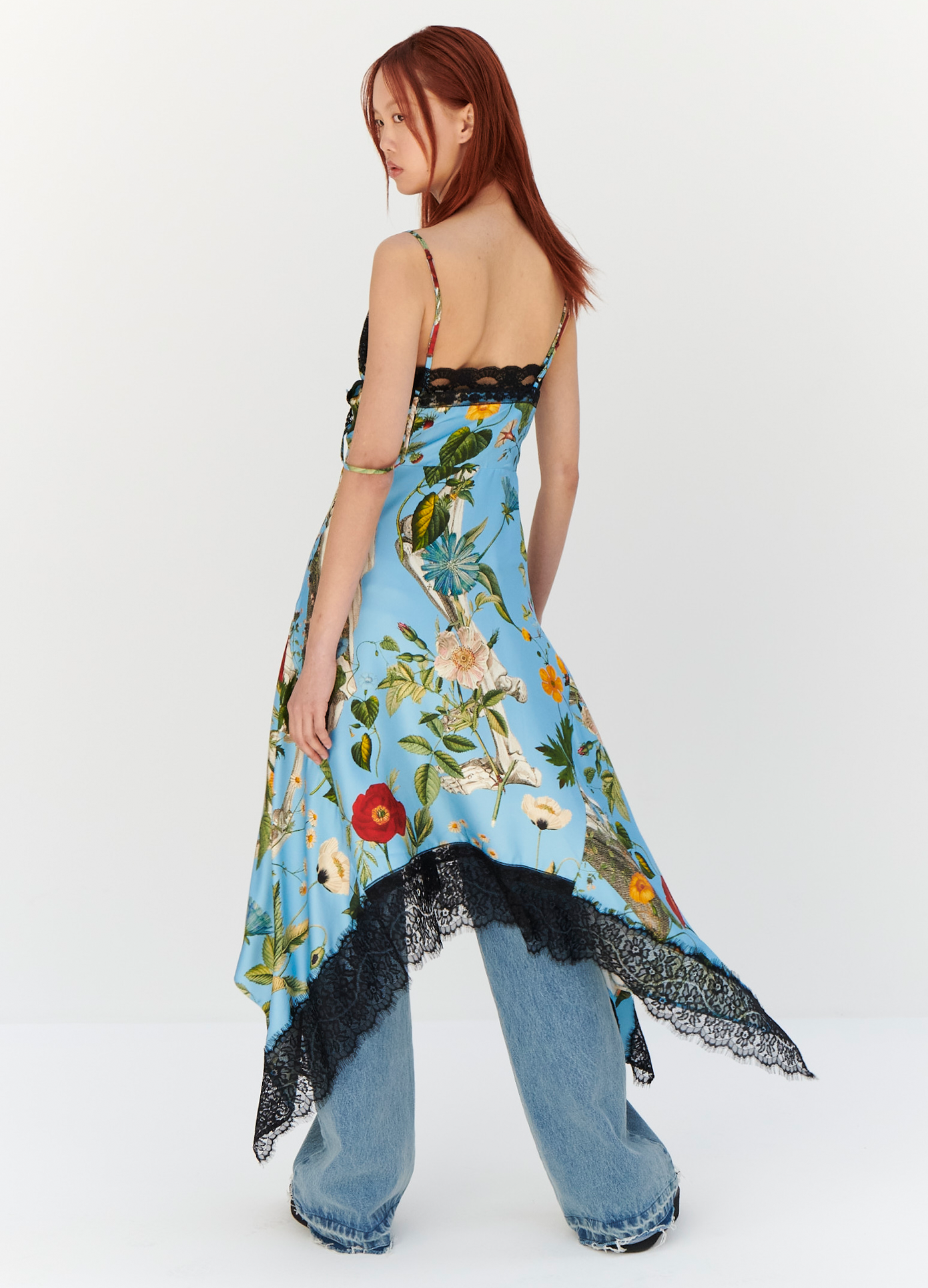 MONSE Floral Skeleton Print Slip Dress in Blue Multi on model looking left full back view
