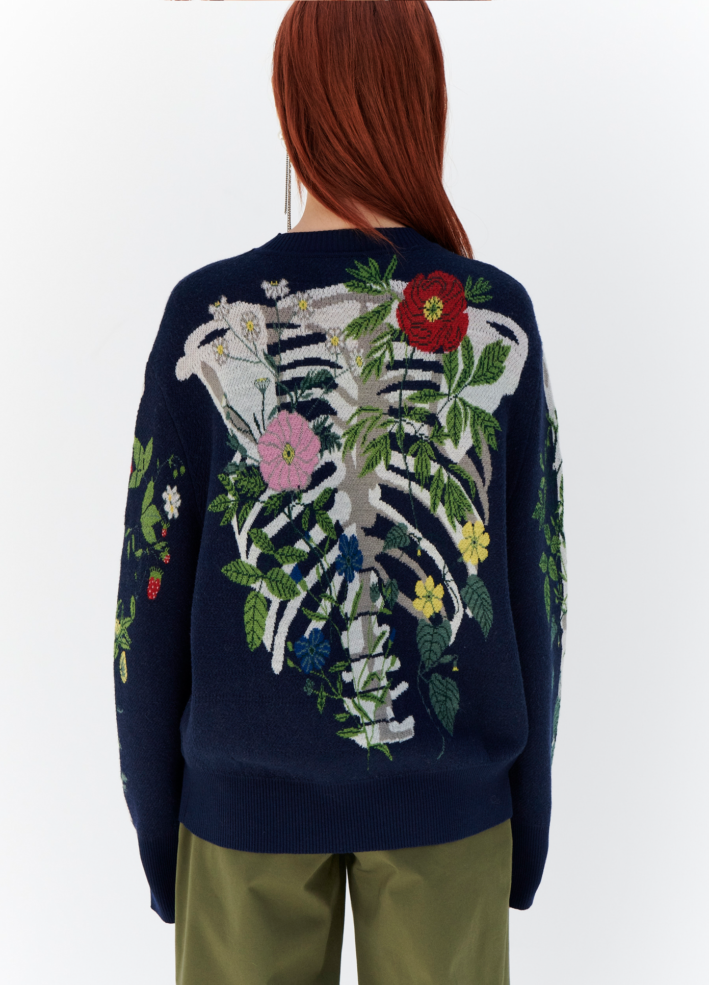 MONSE Floral Skeleton Sweater in Navy on model back view