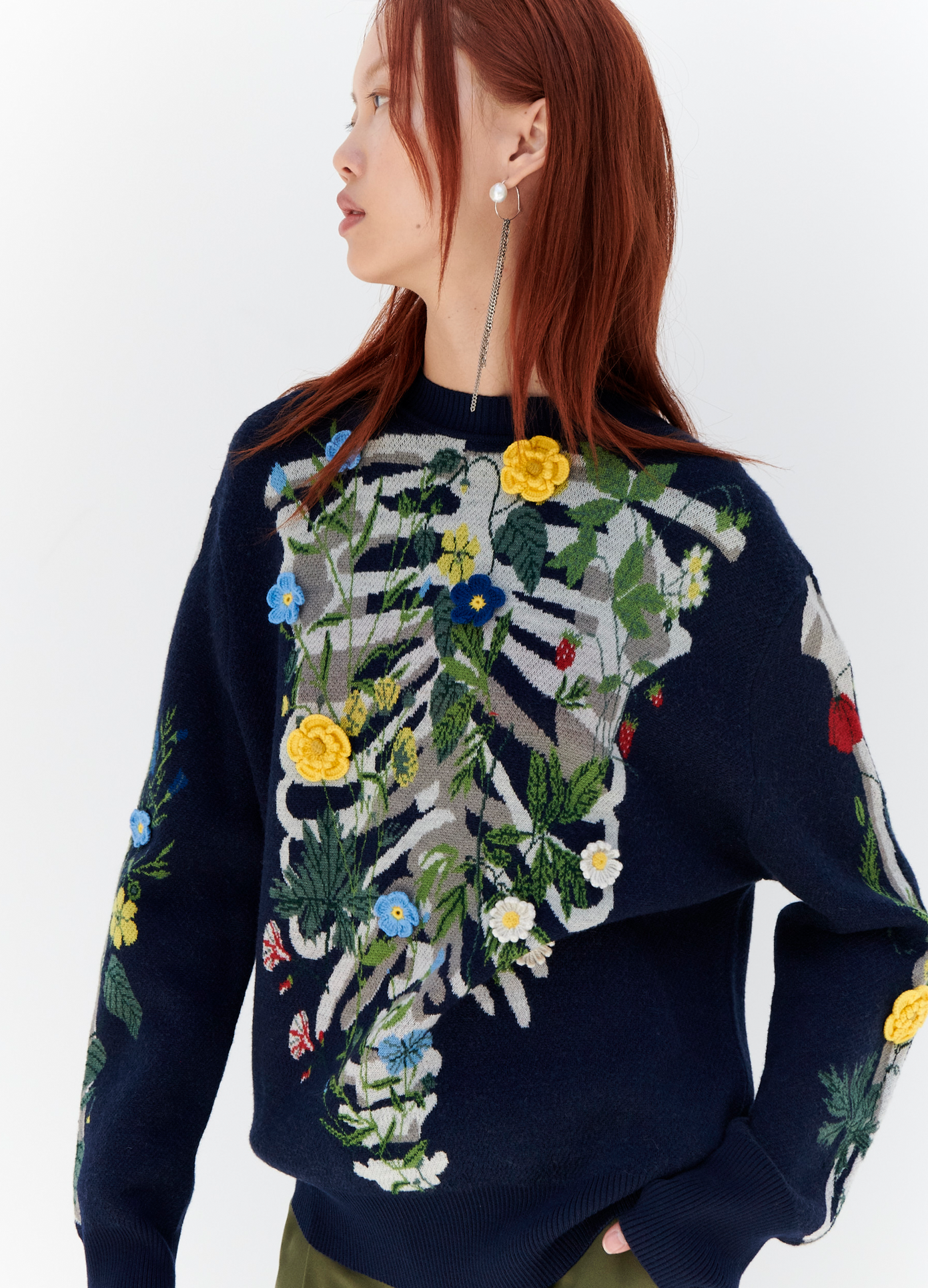 MONSE Floral Skeleton Sweater in Navy on model front view
