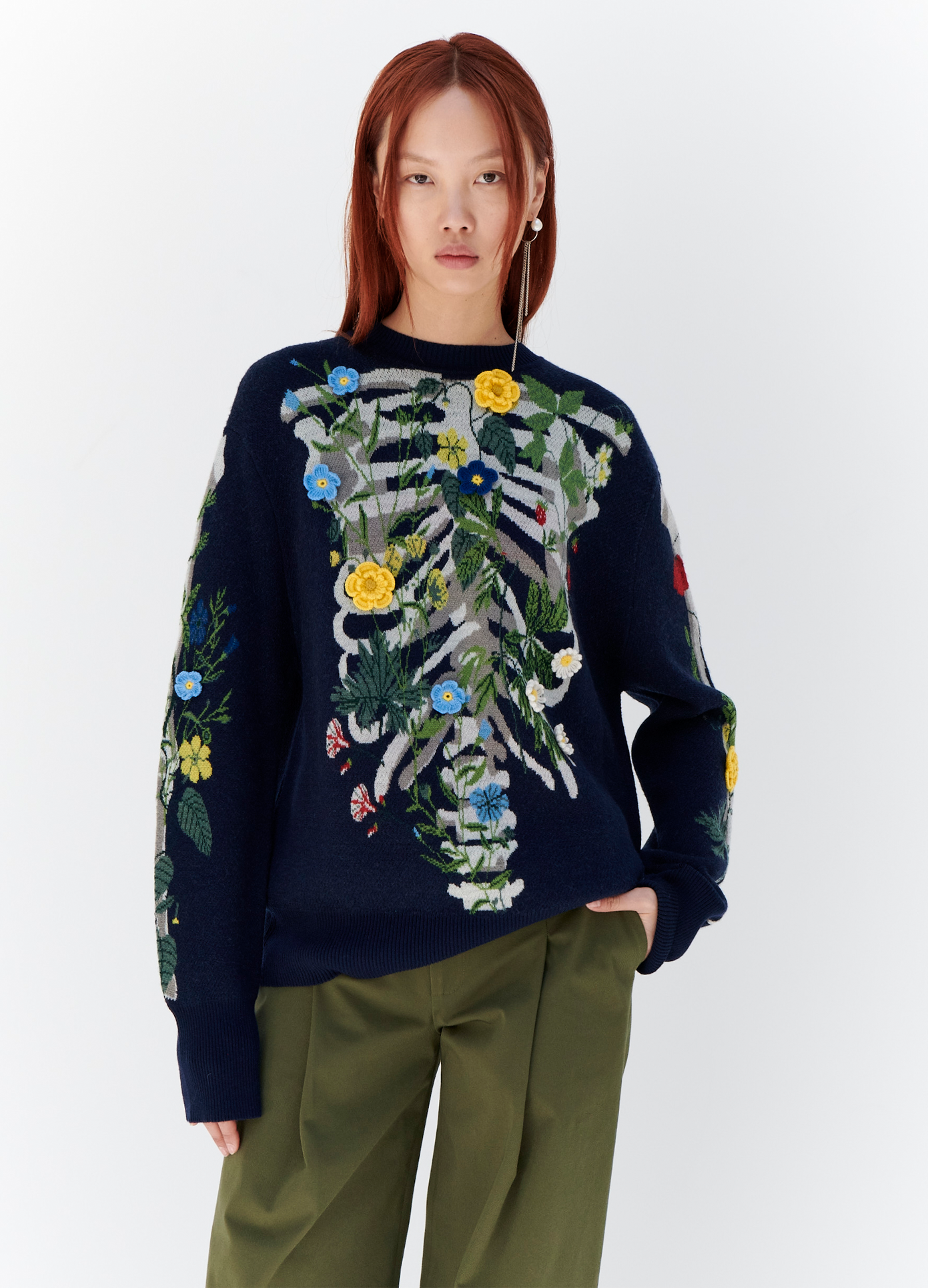 MONSE Floral Skeleton Sweater in Navy on model full front view