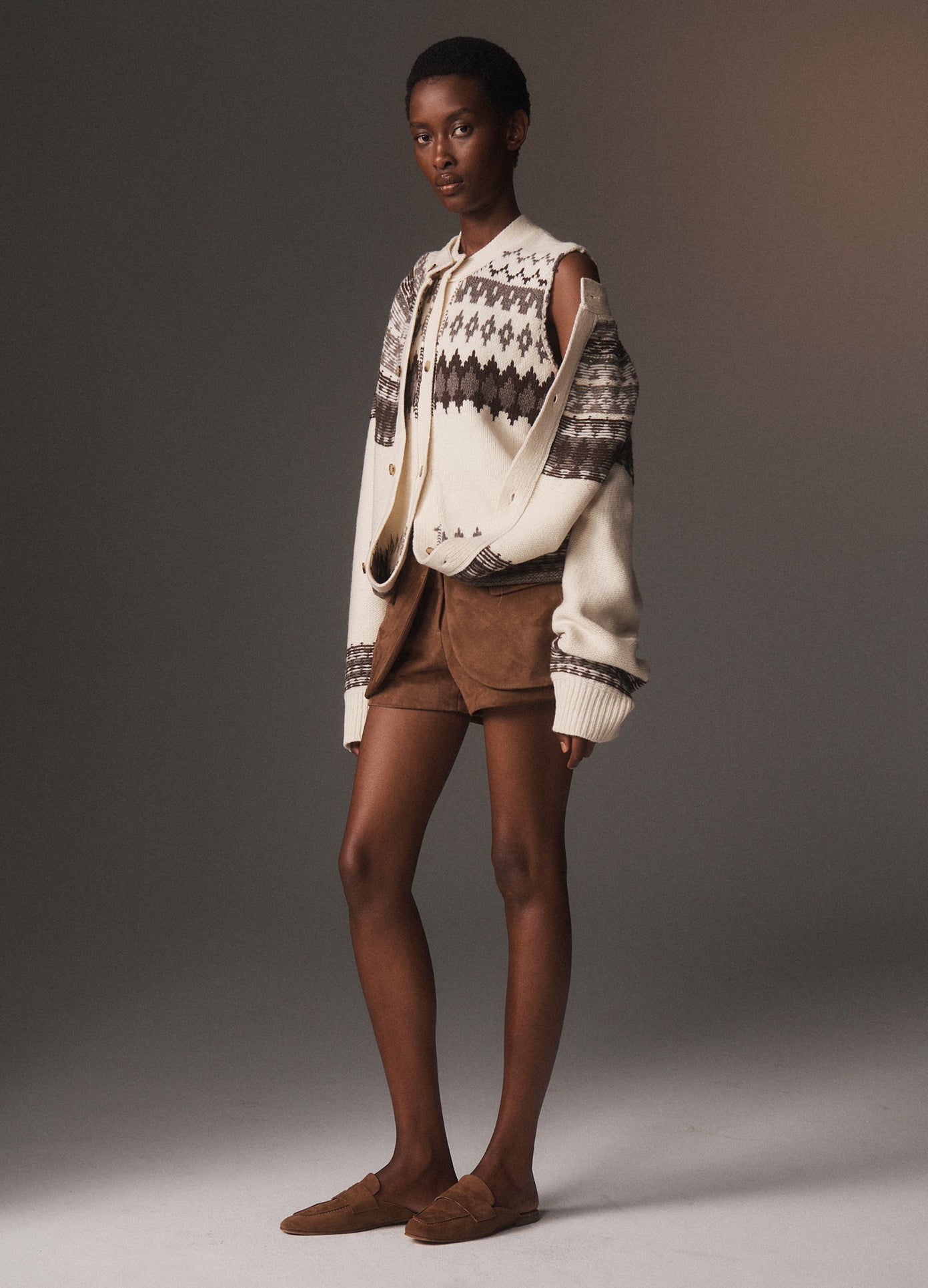 MONSE Fold Up Faire Isle Cardigan in ivory multi on model lookbook image