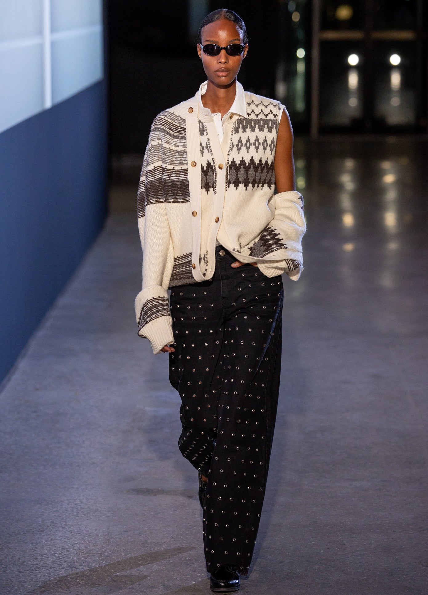MONSE Folde Up Faire Isle Cardigan in ivory multi on model walking runway