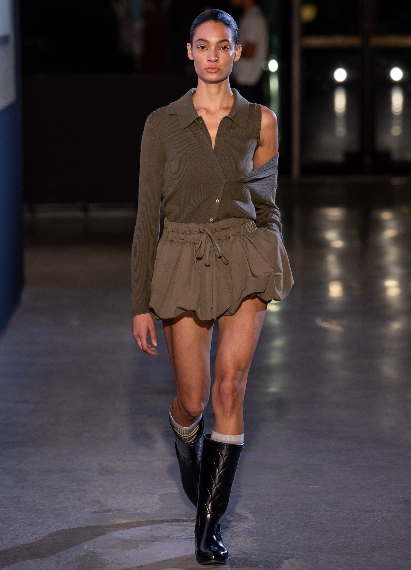 MONSE Fold Up Ruched Bubble Skirt in teak on model walking runway