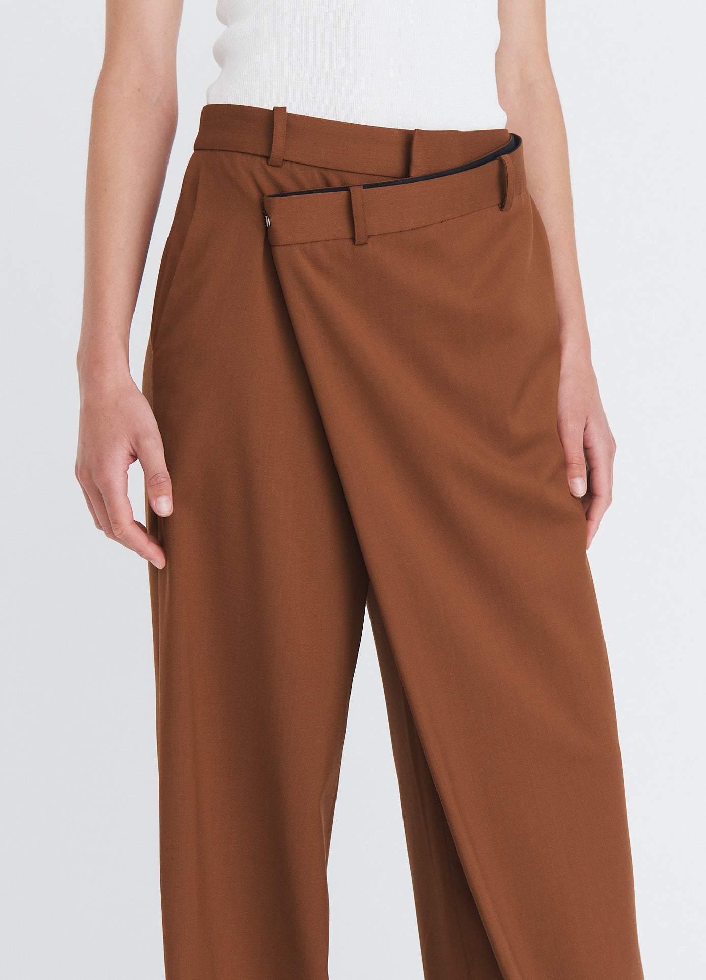 MONSE Foldover Trousers in olive on model front detail view
