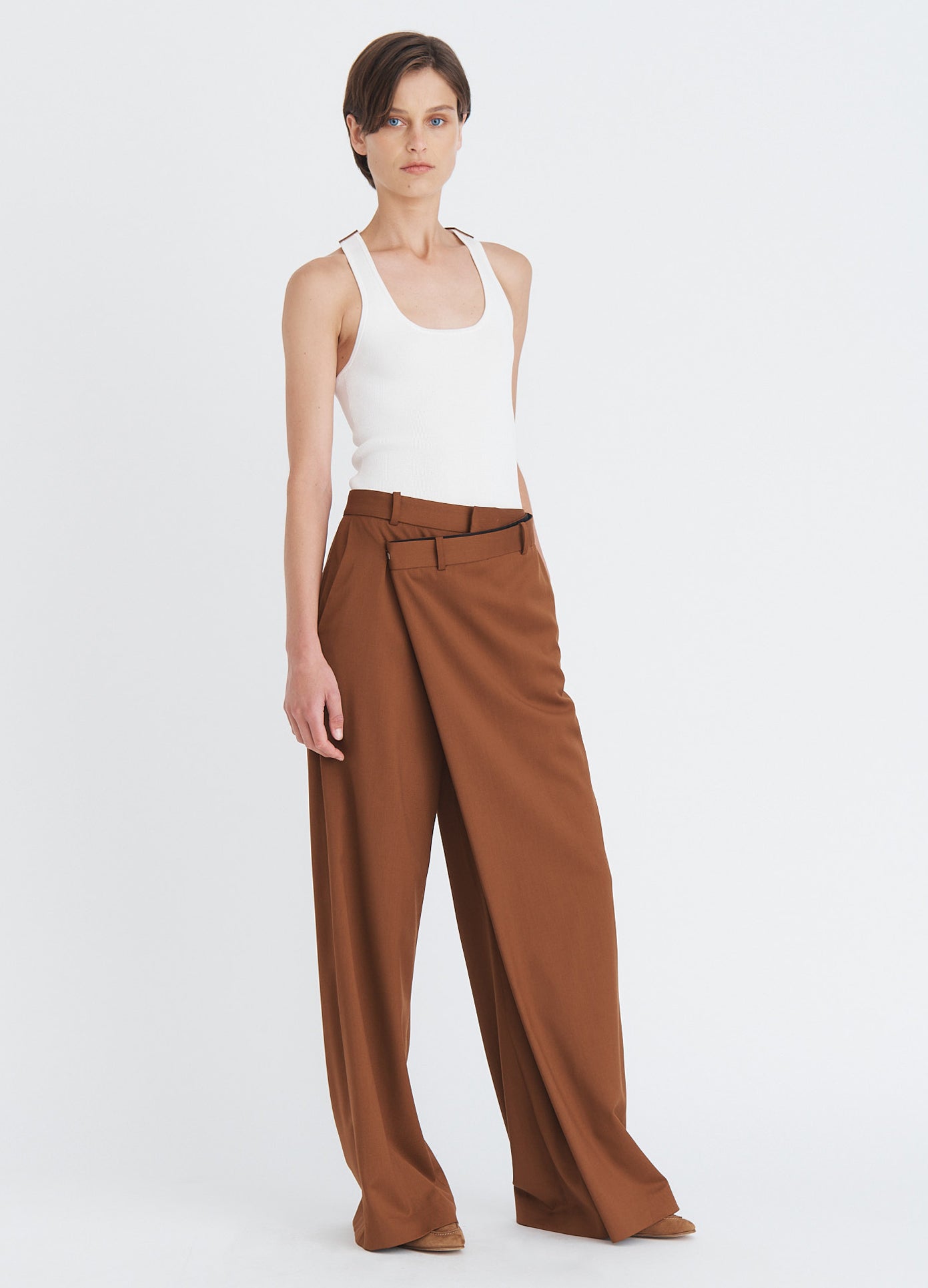 MONSE Foldover Trousers in olive on model full front view