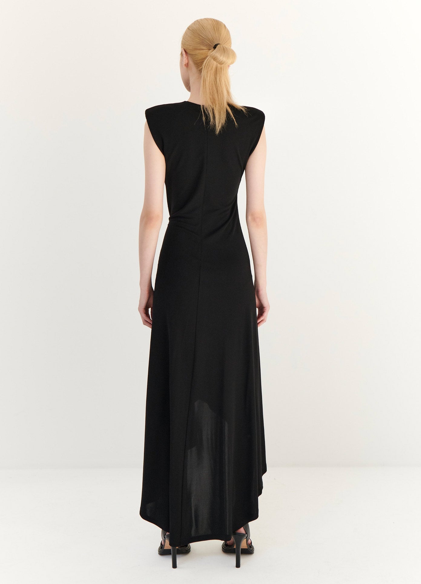 MONSE Gathered Power Shoulder Dress in Black on Model Full Back View