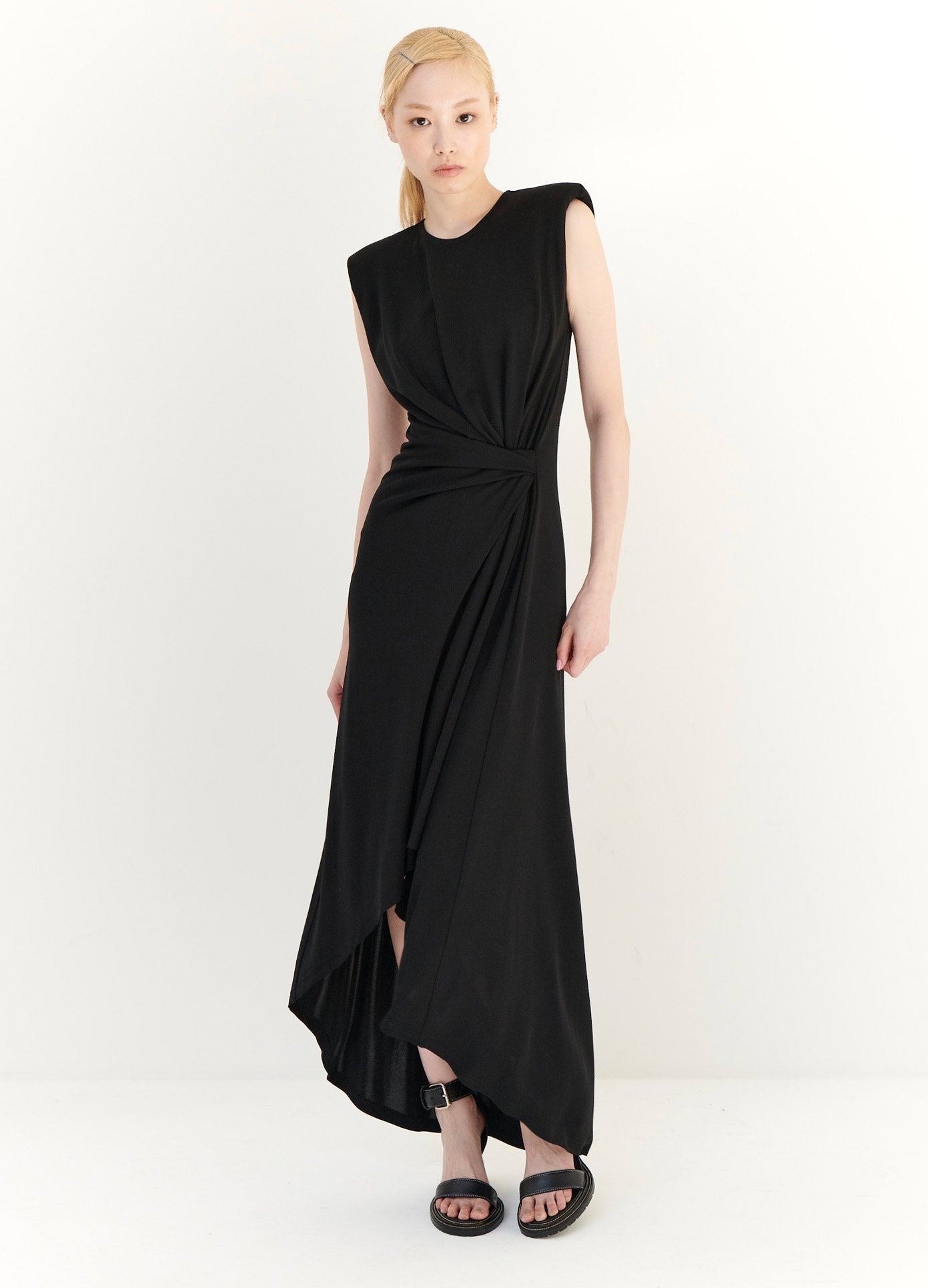 MONSE Gathered Power Shoulder Dress in Black on Model Full Front View