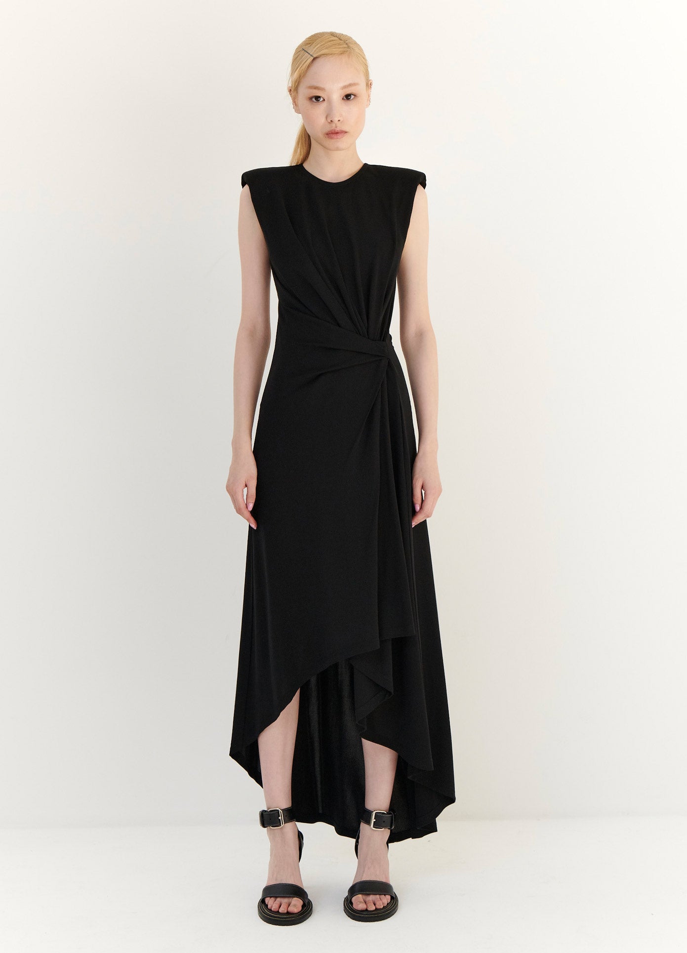 MONSE Gathered Power Shoulder Dress in Black on Model Main Full Front View