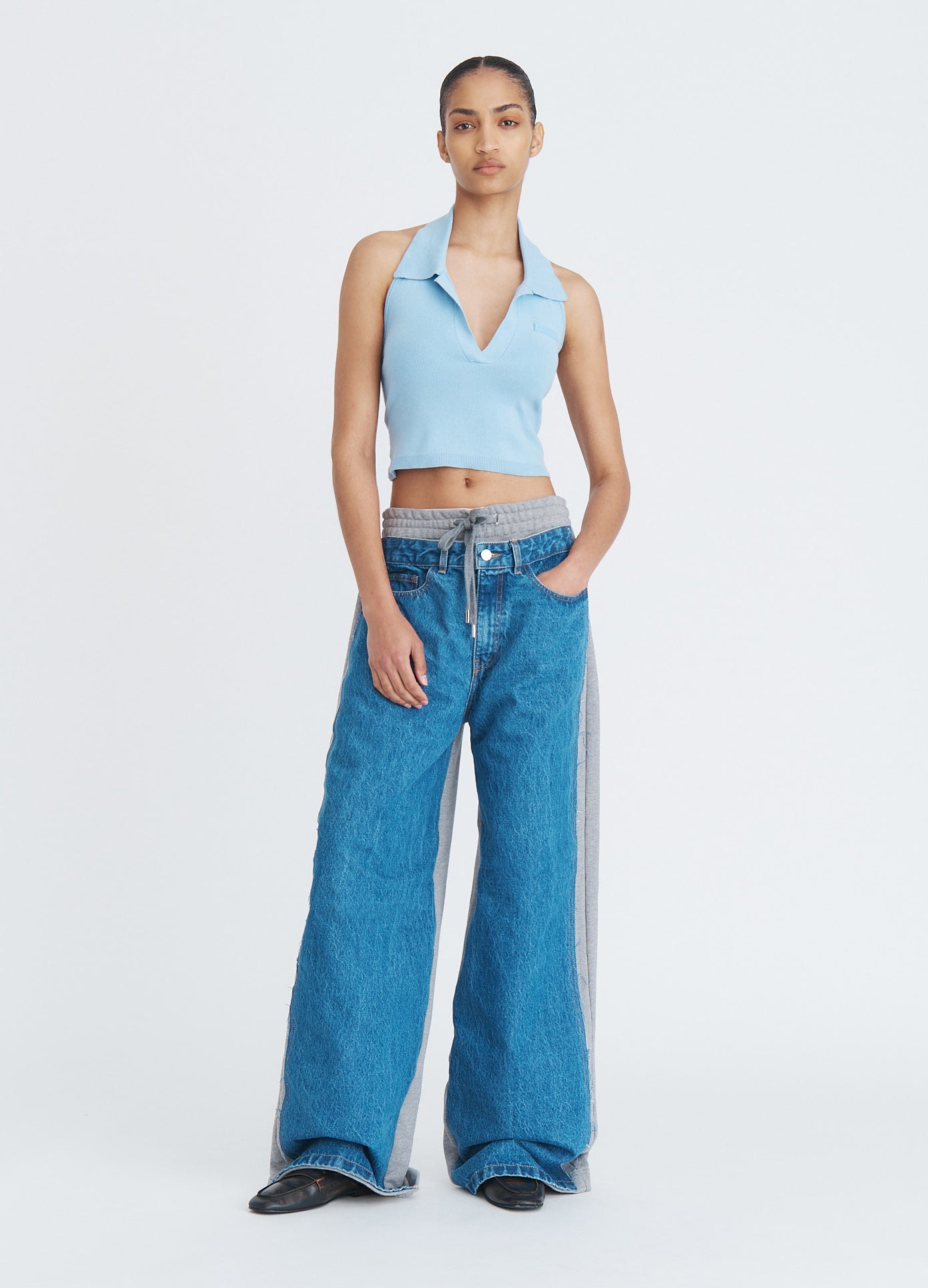 MONSE Halter Neck Knit Top in sky blue on model full front view