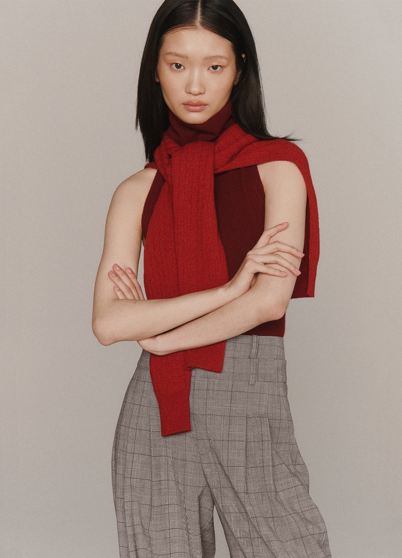 MONSE Halter Neck Knit Top With Scarf in burgundy and molten lava on model lookbook image