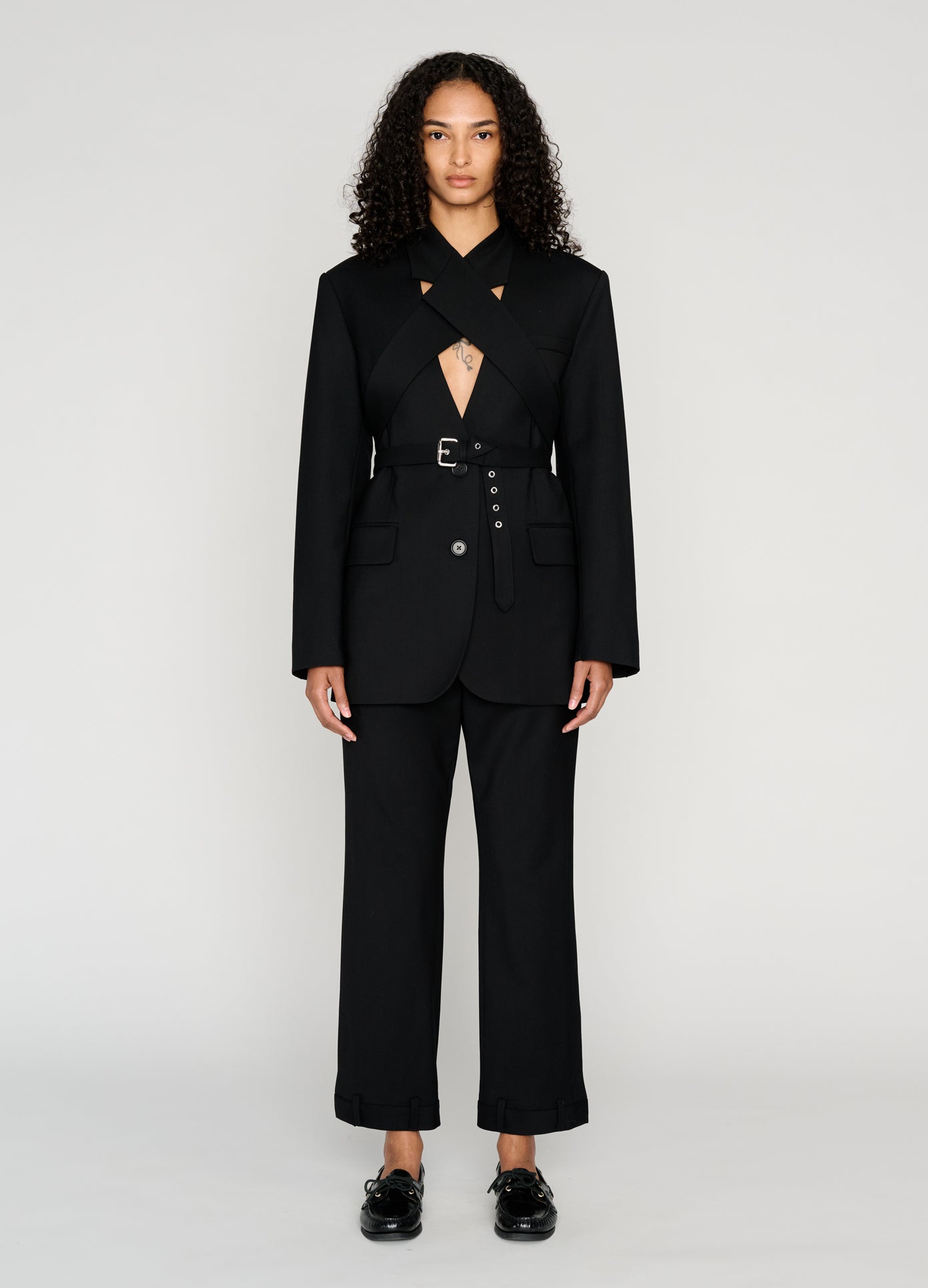 MONSE Harness Cross Over Blazer in black on model full front view