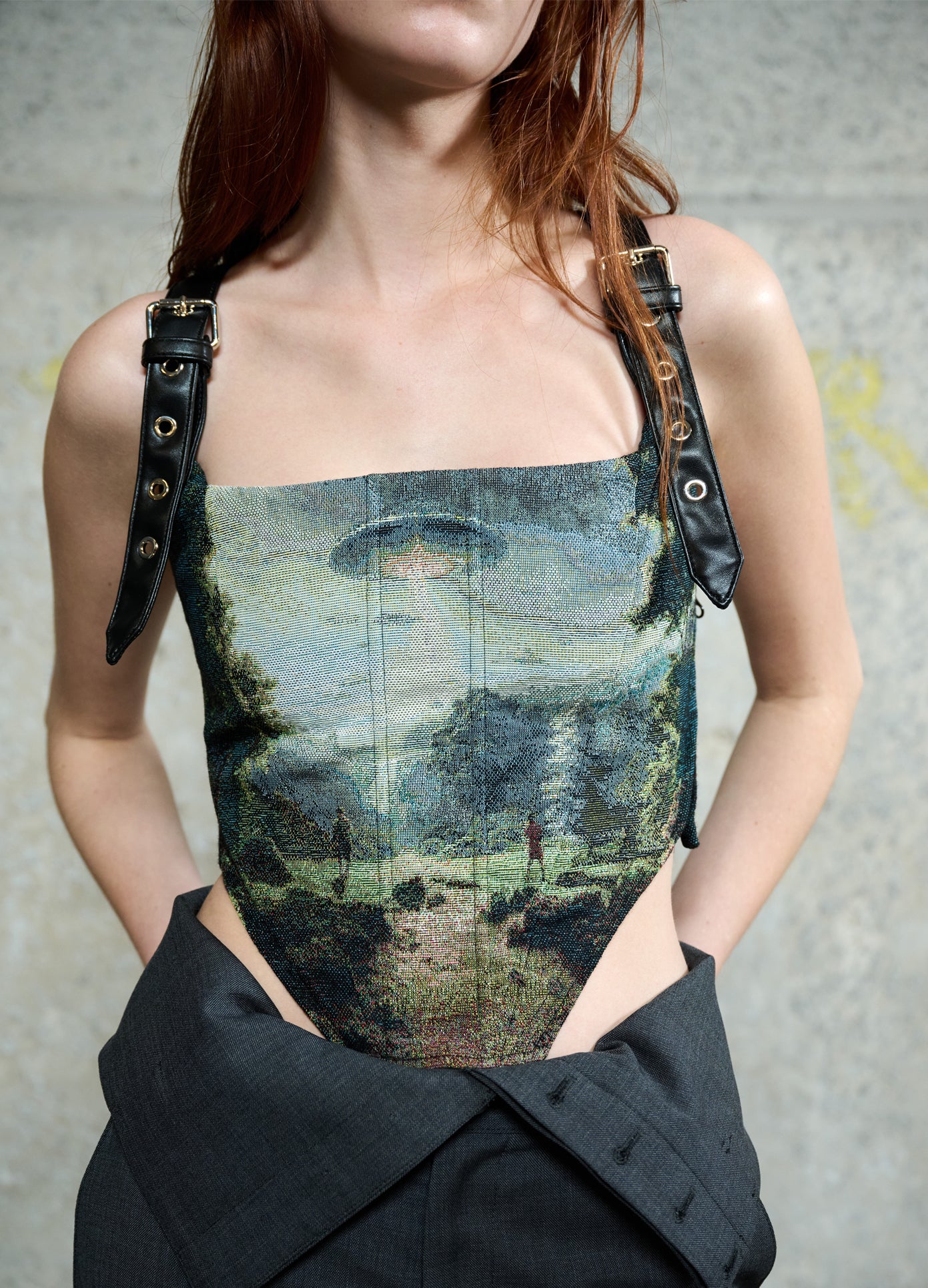 MONSE Harness Tapestry Bustier Top in Alien Multi Print on model front view