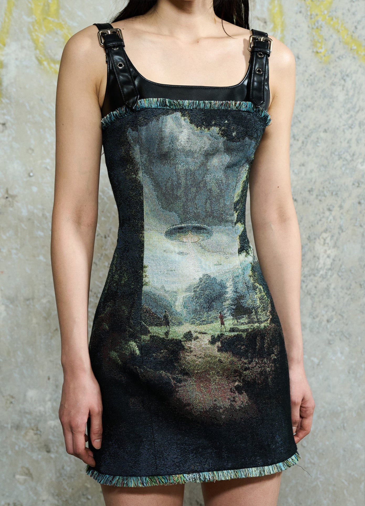 MONSE Harness Tapestry Dress in Alien Multi Print on headless model front view