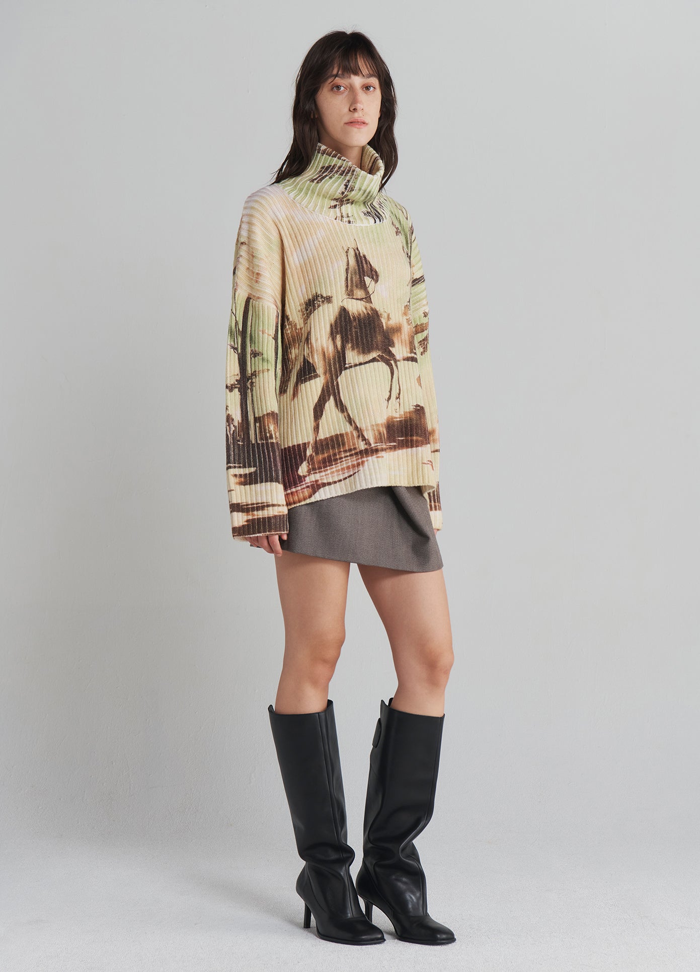 MONSE Horse Print Chunky Ribbed Knit in Multi on model full side view