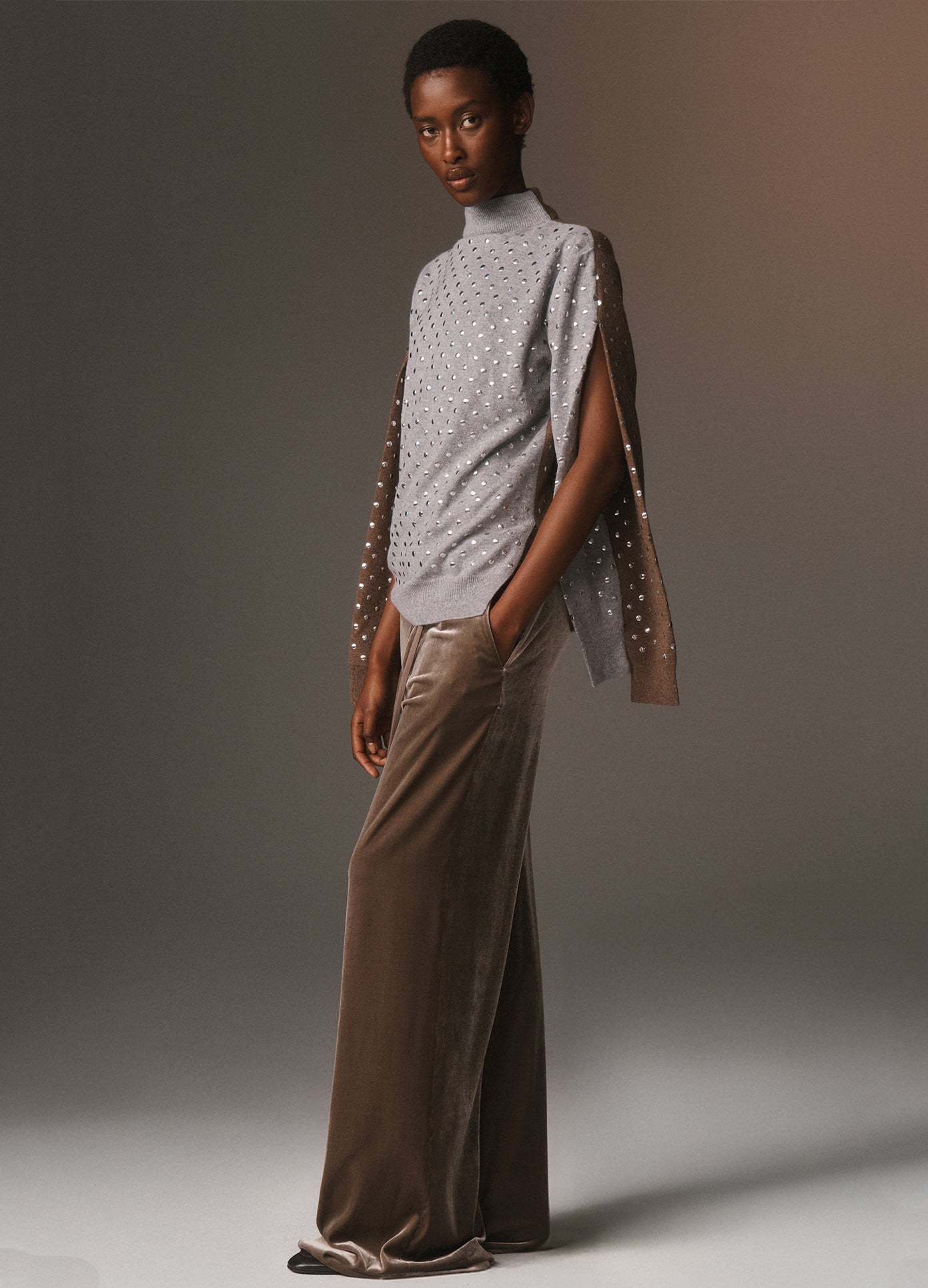 MONSE Hotfix Studded Combo Knit Pullover in grey multi and silver on model lookbook image