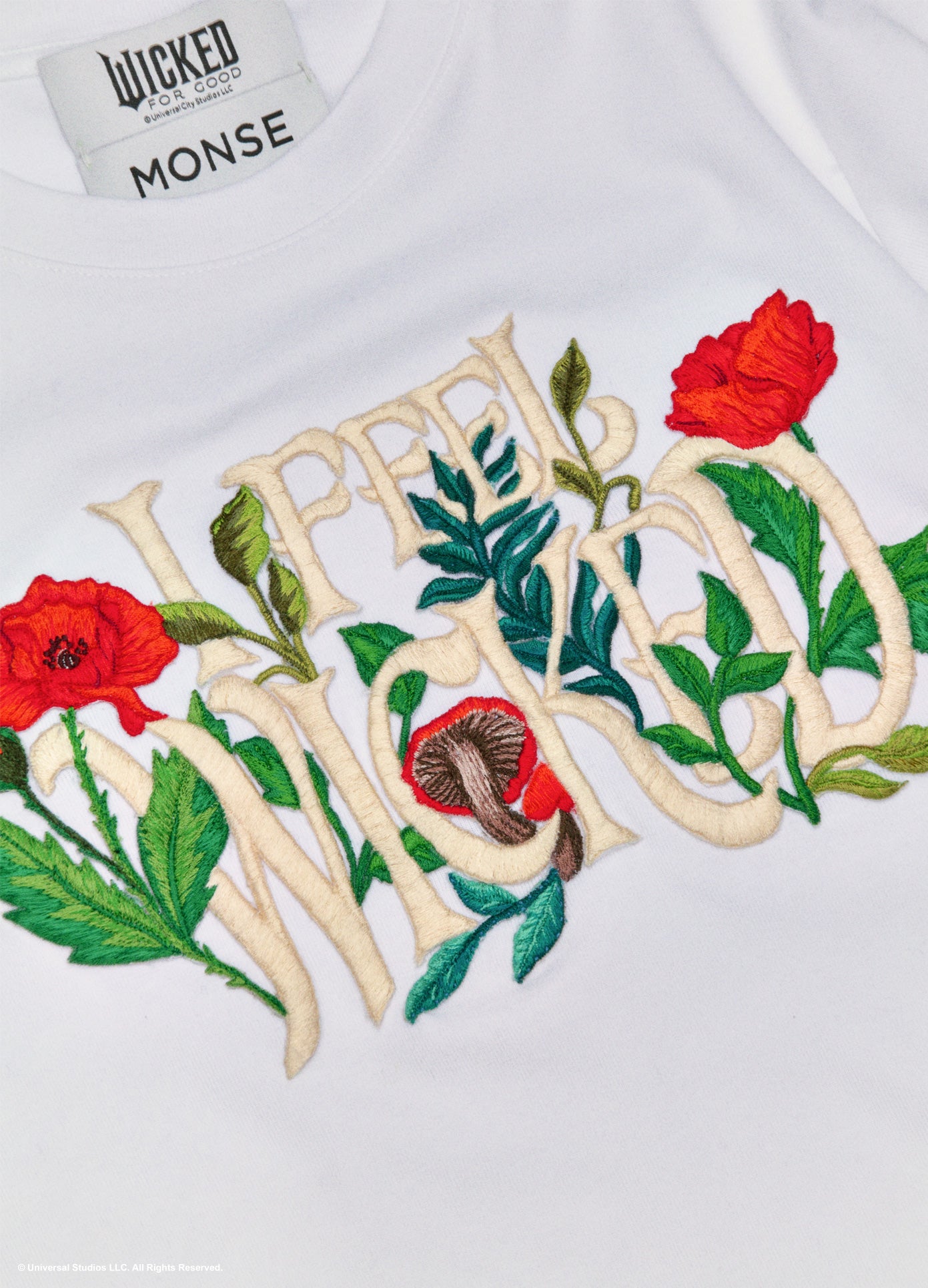 MONSE x Wicked Collaboration I Feel Wicked Shirt in white closeup view of embroidery