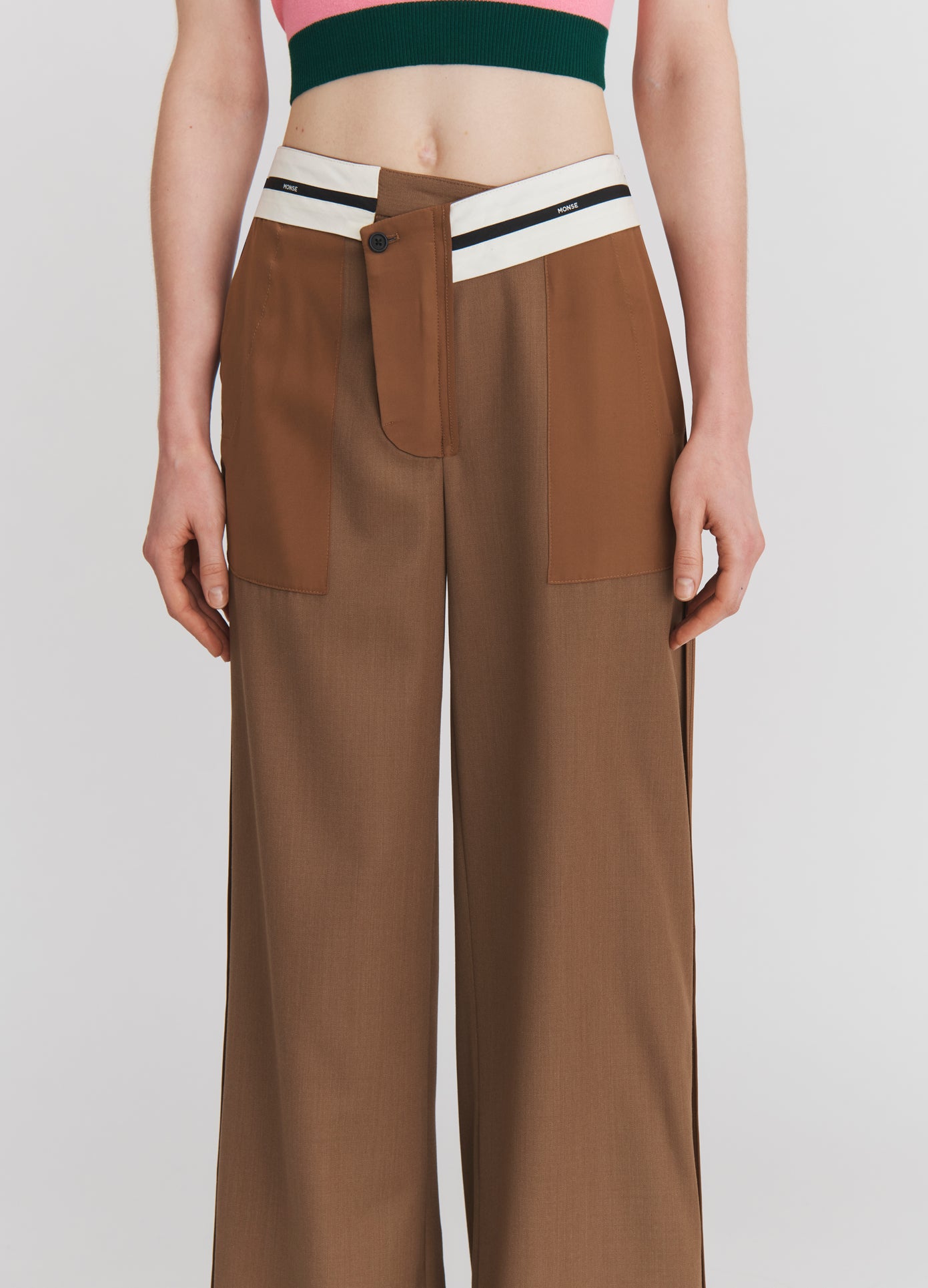 MONSE Inside Out Tailored Trousers in Beige on model front view