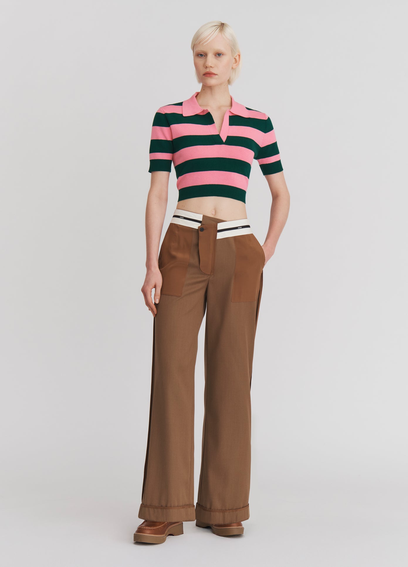 MONSE Inside Out Tailored Trousers in Beige on model full front view