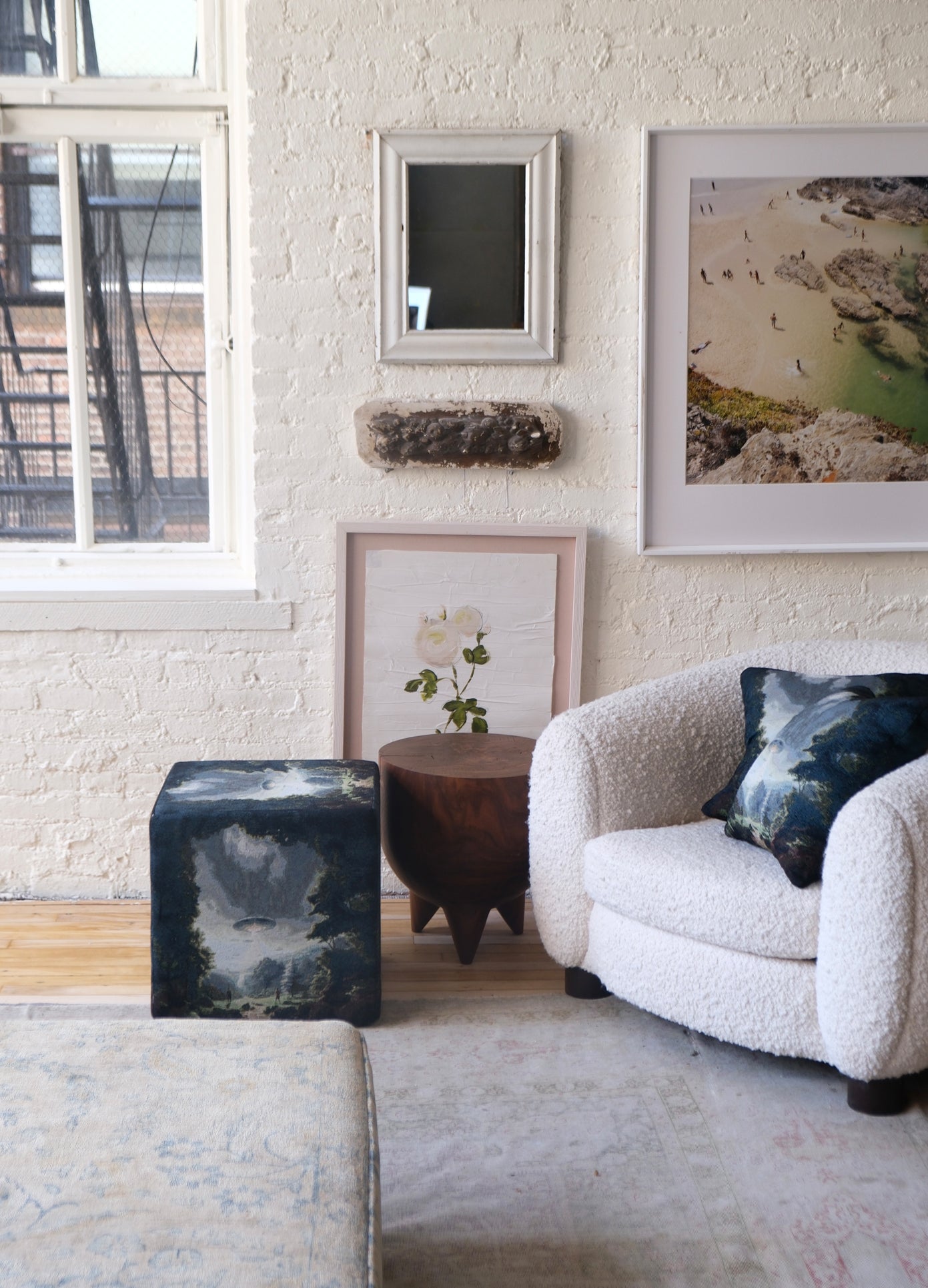 MONSE x J. Logan Home Block Ottoman in alien print multi sitting in living room