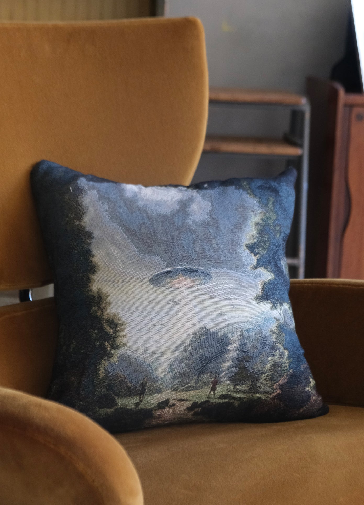 MONSE x J. Logan Home Pillow in alien print multi sitting on chair