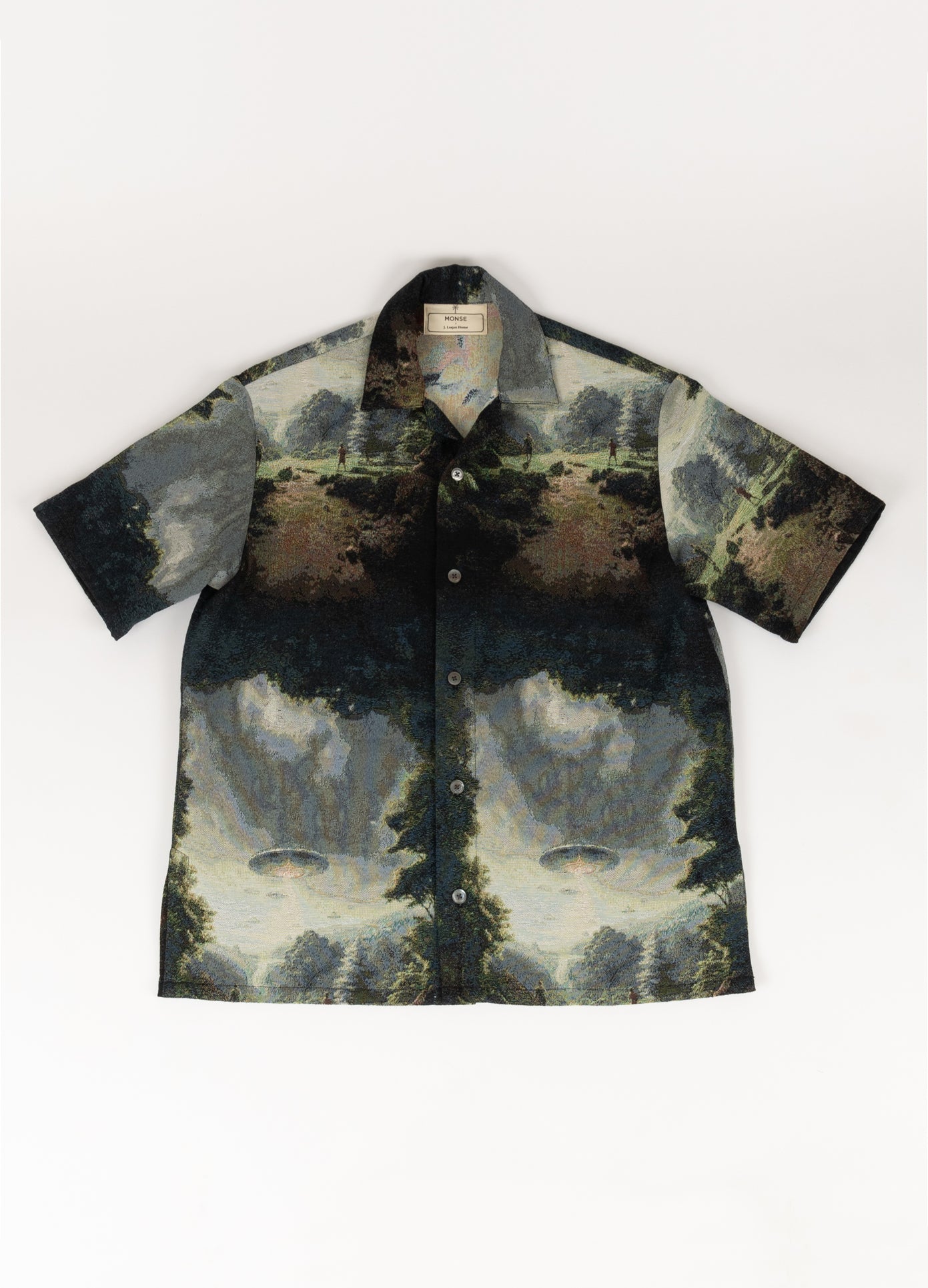 MONSE x J. Logan Home Silk Short Sleeve Shirt in alien print multi front view