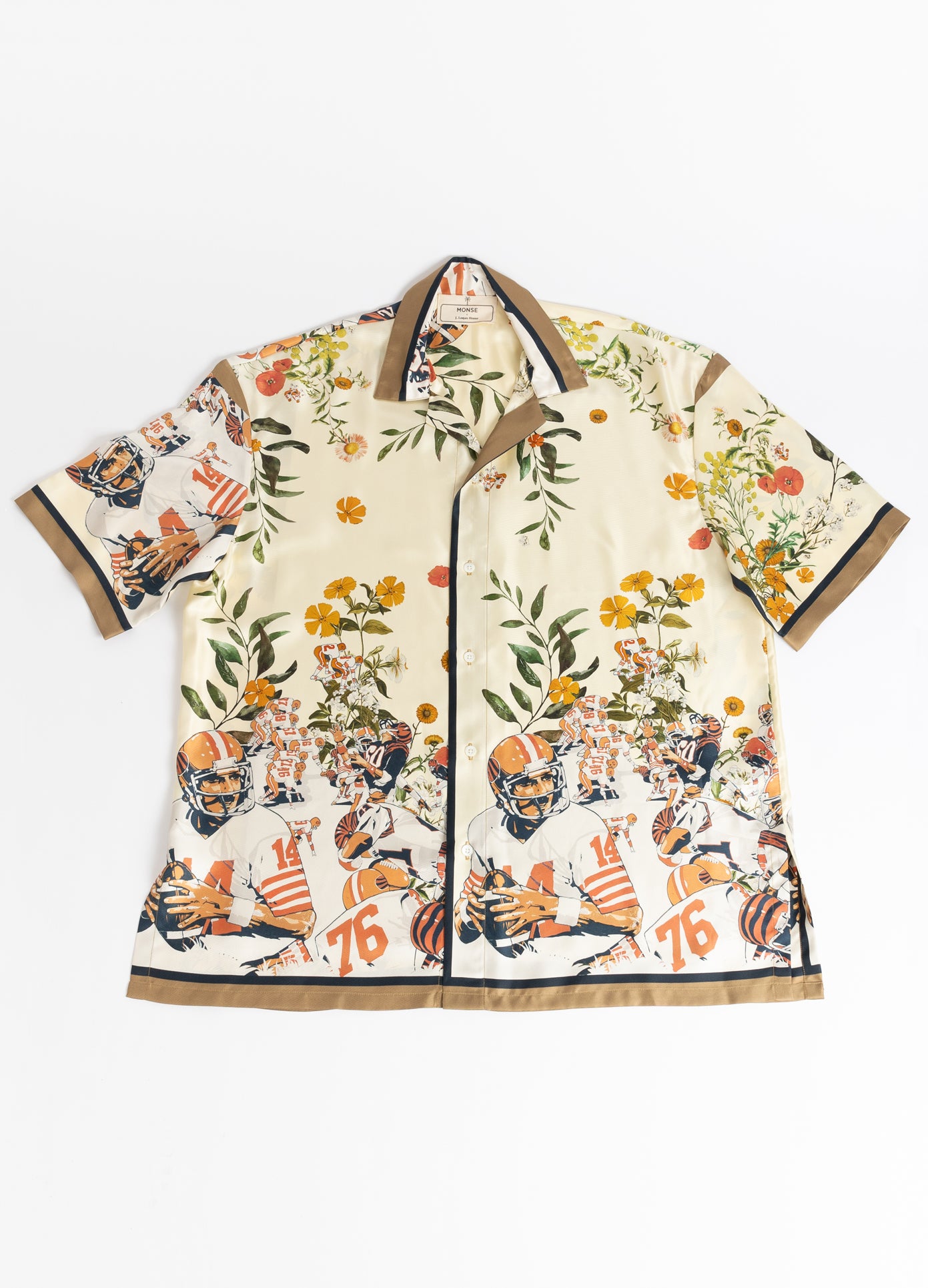 MONSE x J. Logan Home Silk Short Sleeve Shirt in beige multi front view