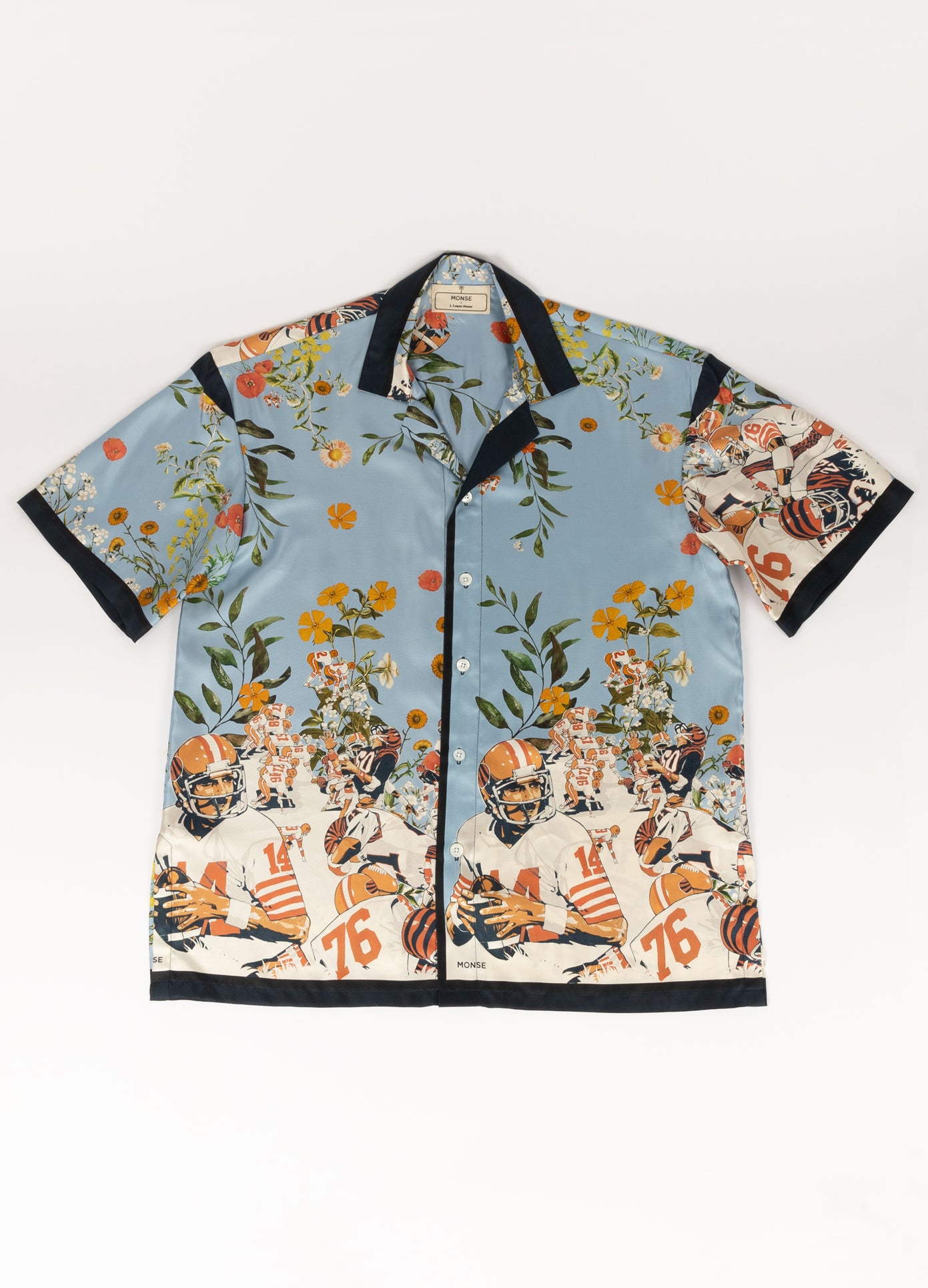 MONSE x J. Logan Home Silk Short Sleeve Shirt in blue multi front view
