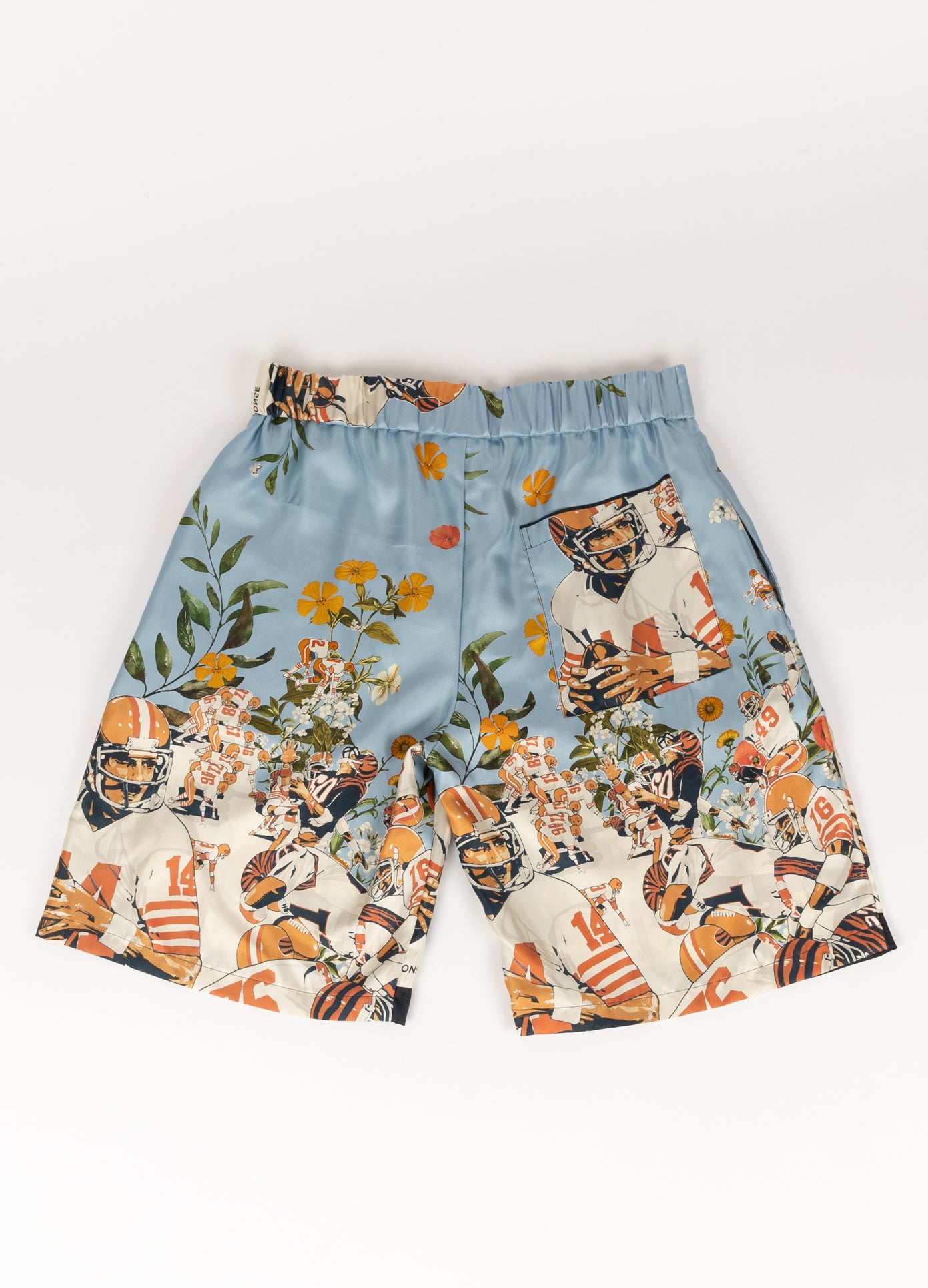 MONSE x J. Logan Home Silk Shorts in blue multi back view