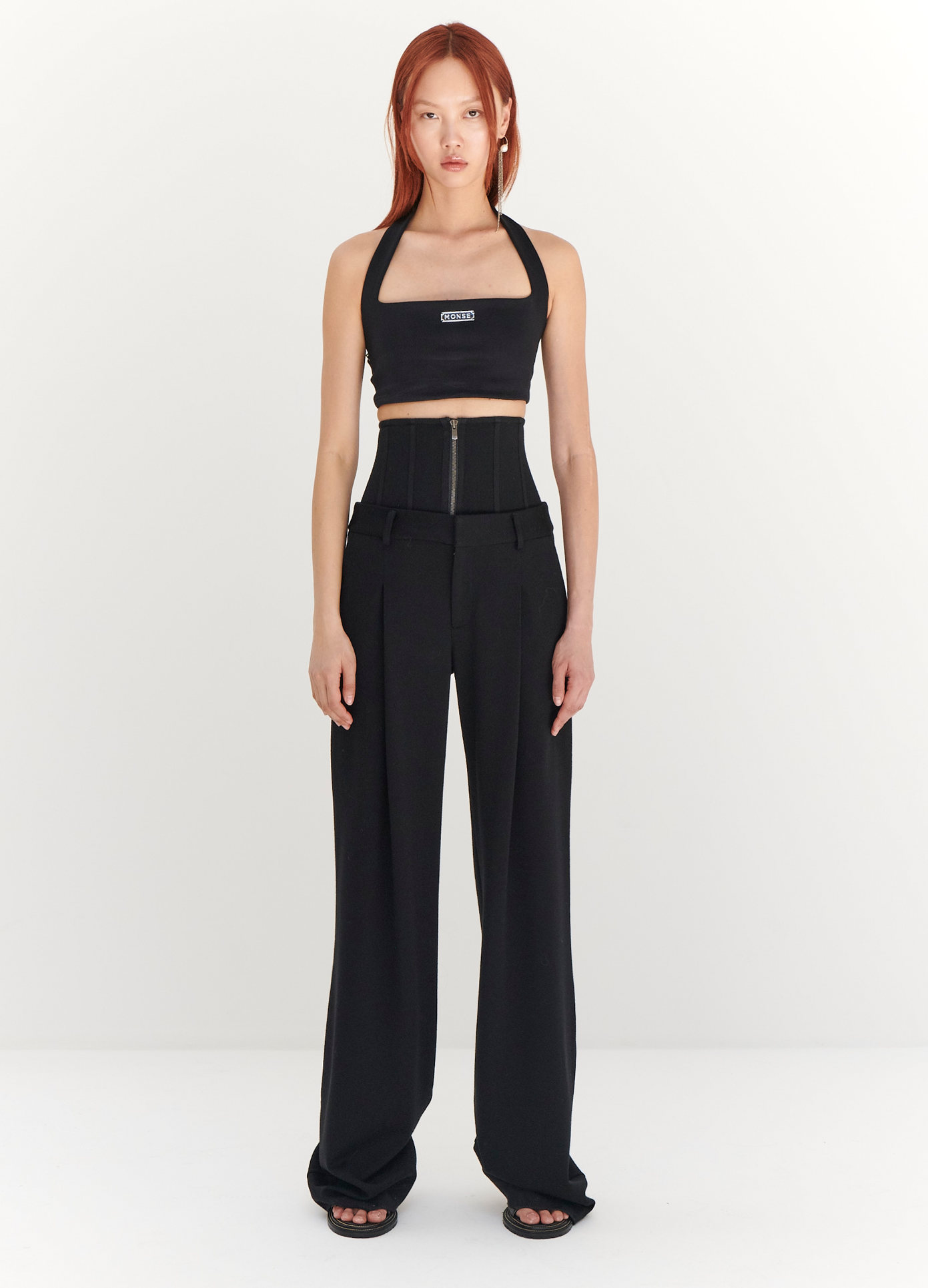 MONSE Jersey Bustier Trousers in Black on model full front view
