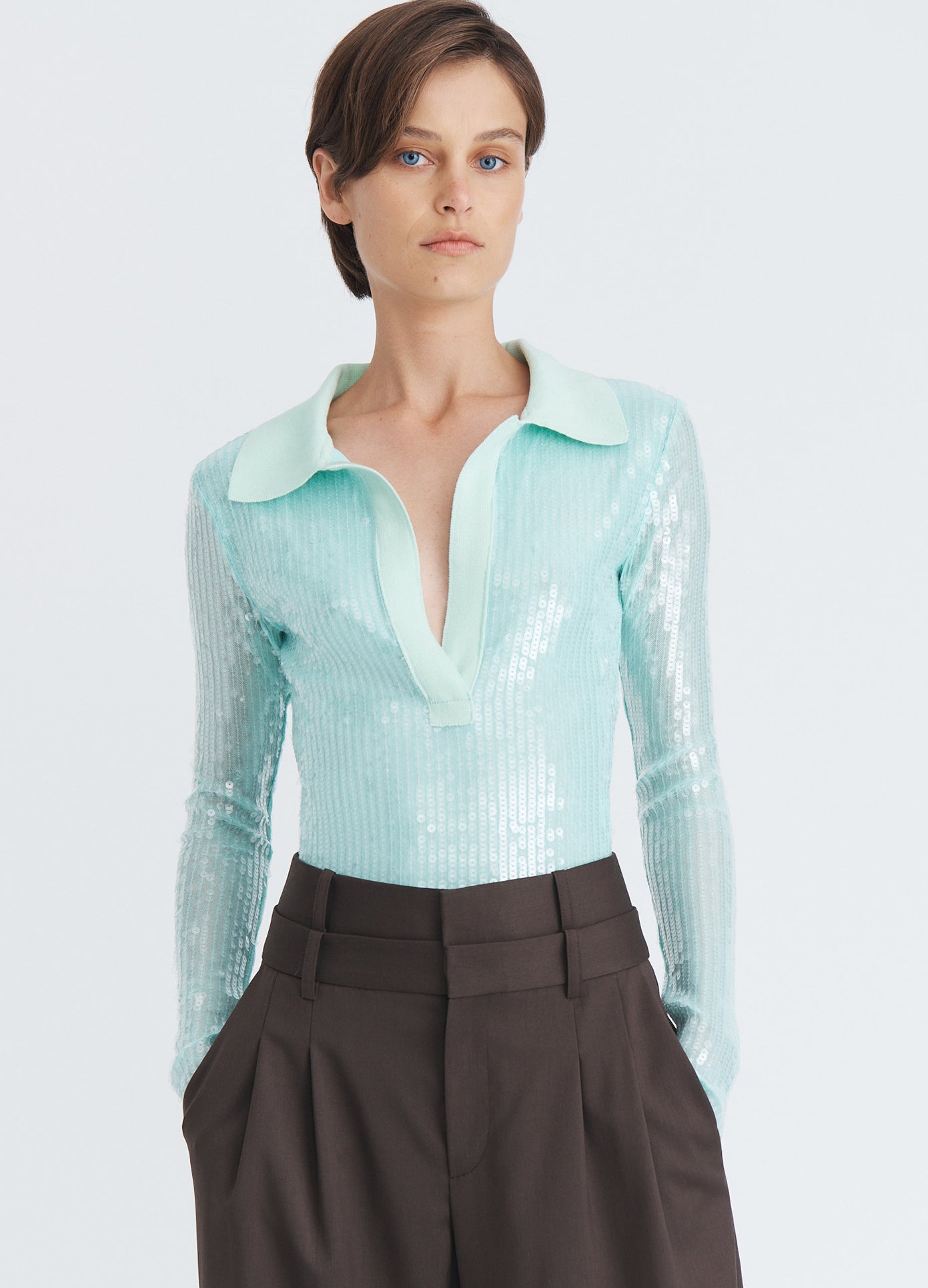 MONSE Knit Collar Sequin Polo in seafoam on model front view