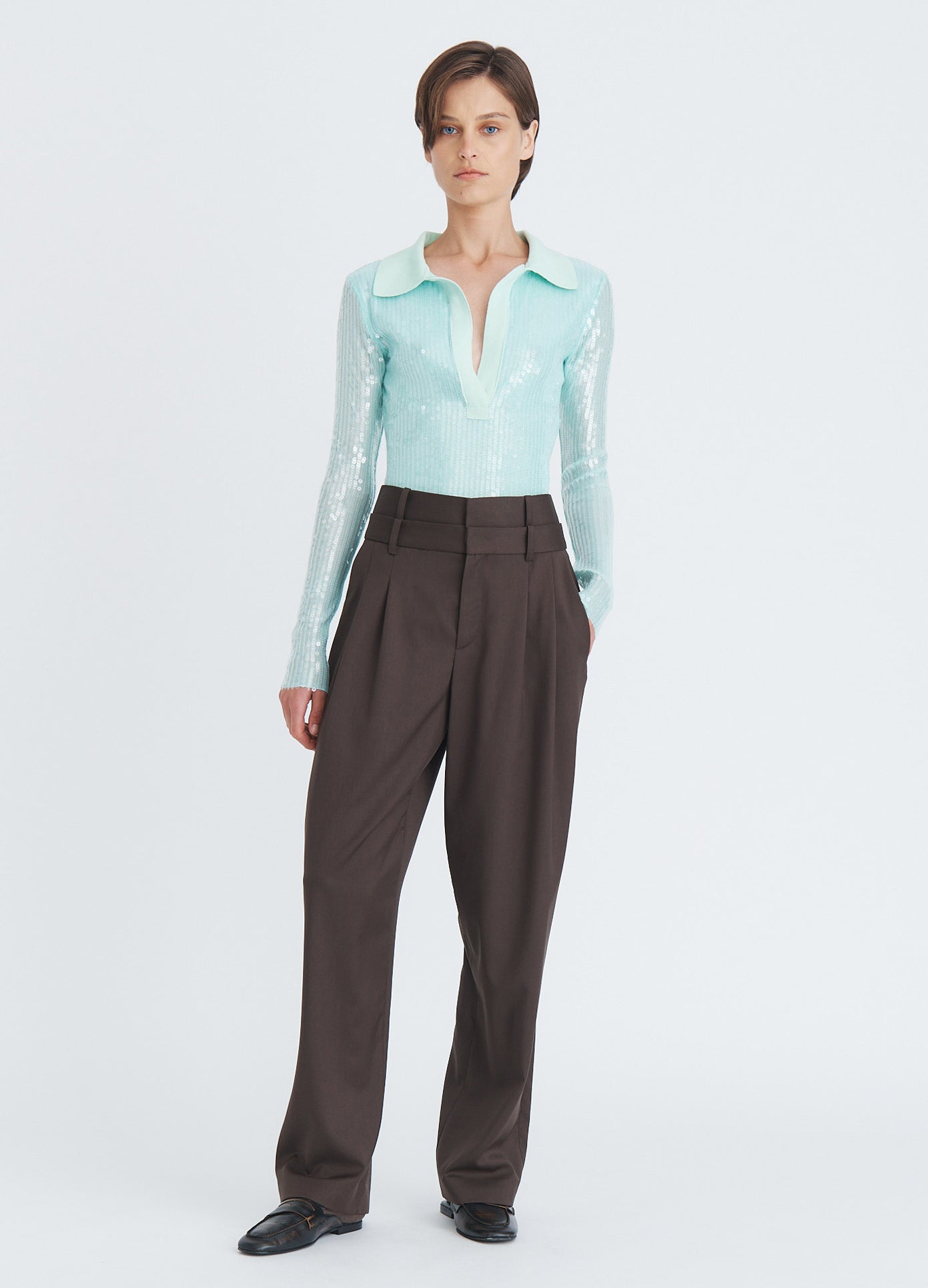 MONSE Knit Collar Sequin Polo in seafoam on model full front view